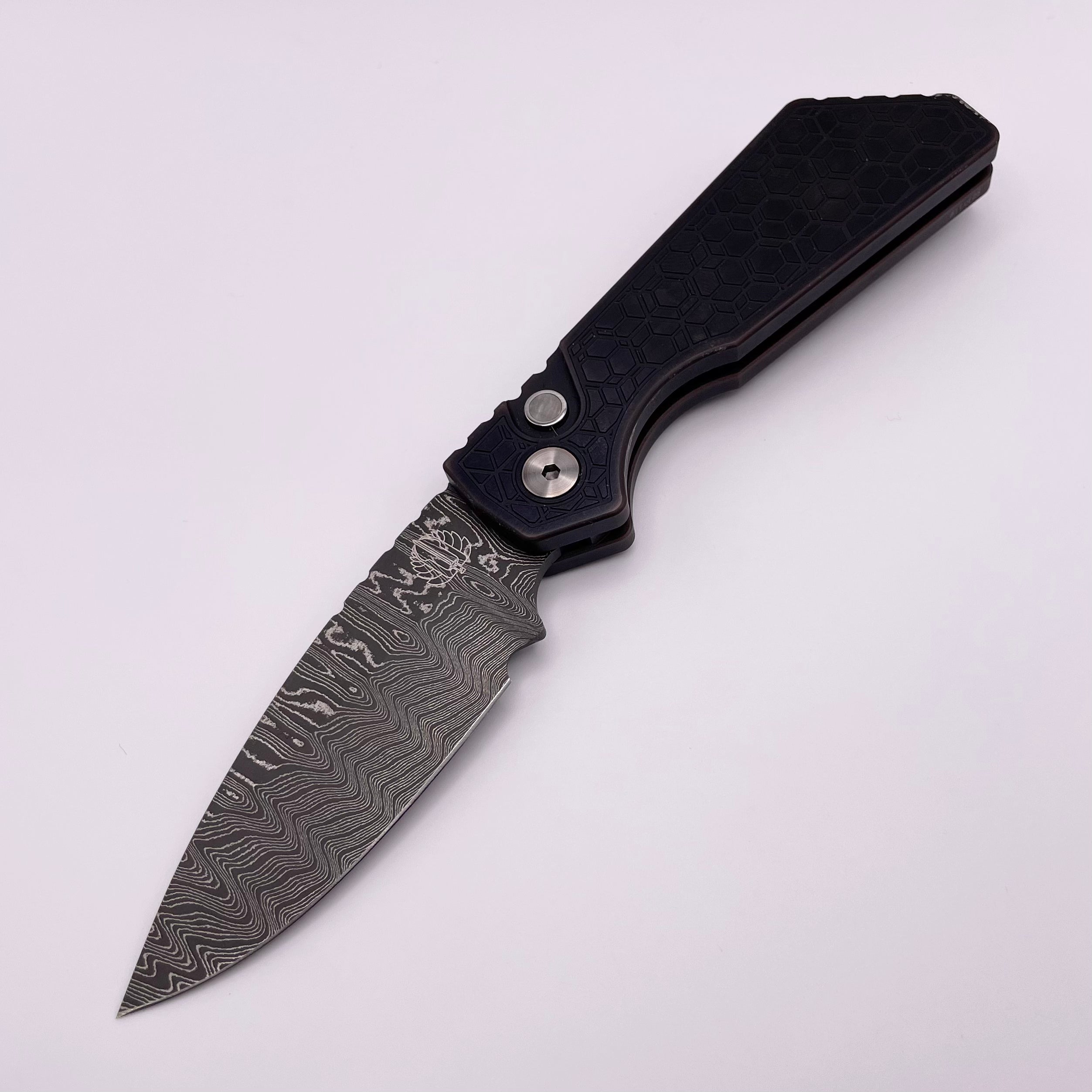 Pre Owned Pro-Tech PT Plus Antique PVD 17-4 Handle w/ Mother of Pearl Button & Nichols Damascus Blade 2023 Strider PT+ 007