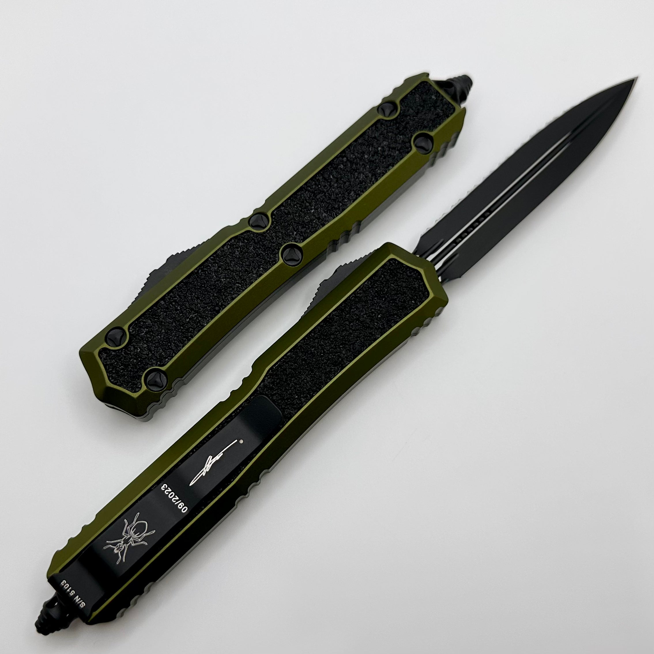 Microtech Makora OD Green & Black Double Edge Full Serrated Nickel Boron Internals Signature Series 206-3ODS