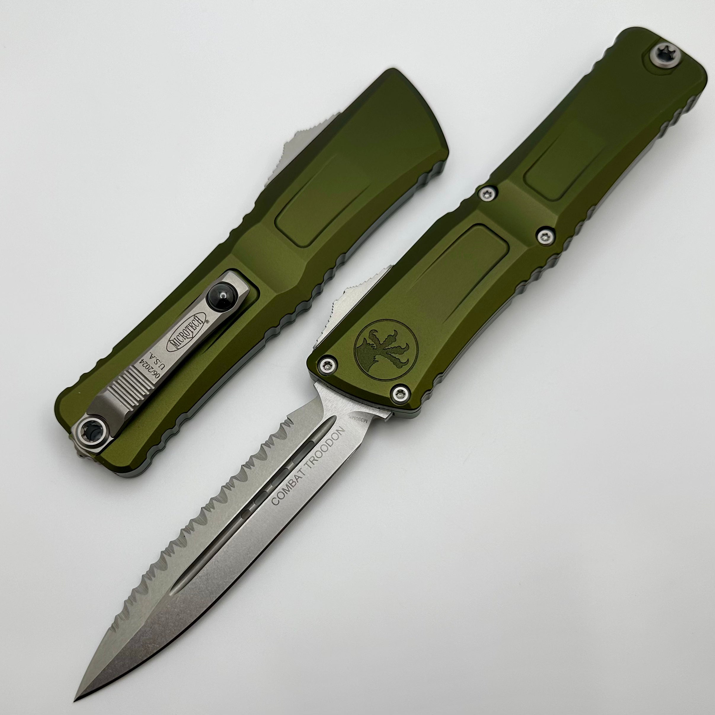 Microtech Knives Combat Troodon Gen III Stonewash Full Serrated Double Edge w/ OD Green Handle 1142-12OD