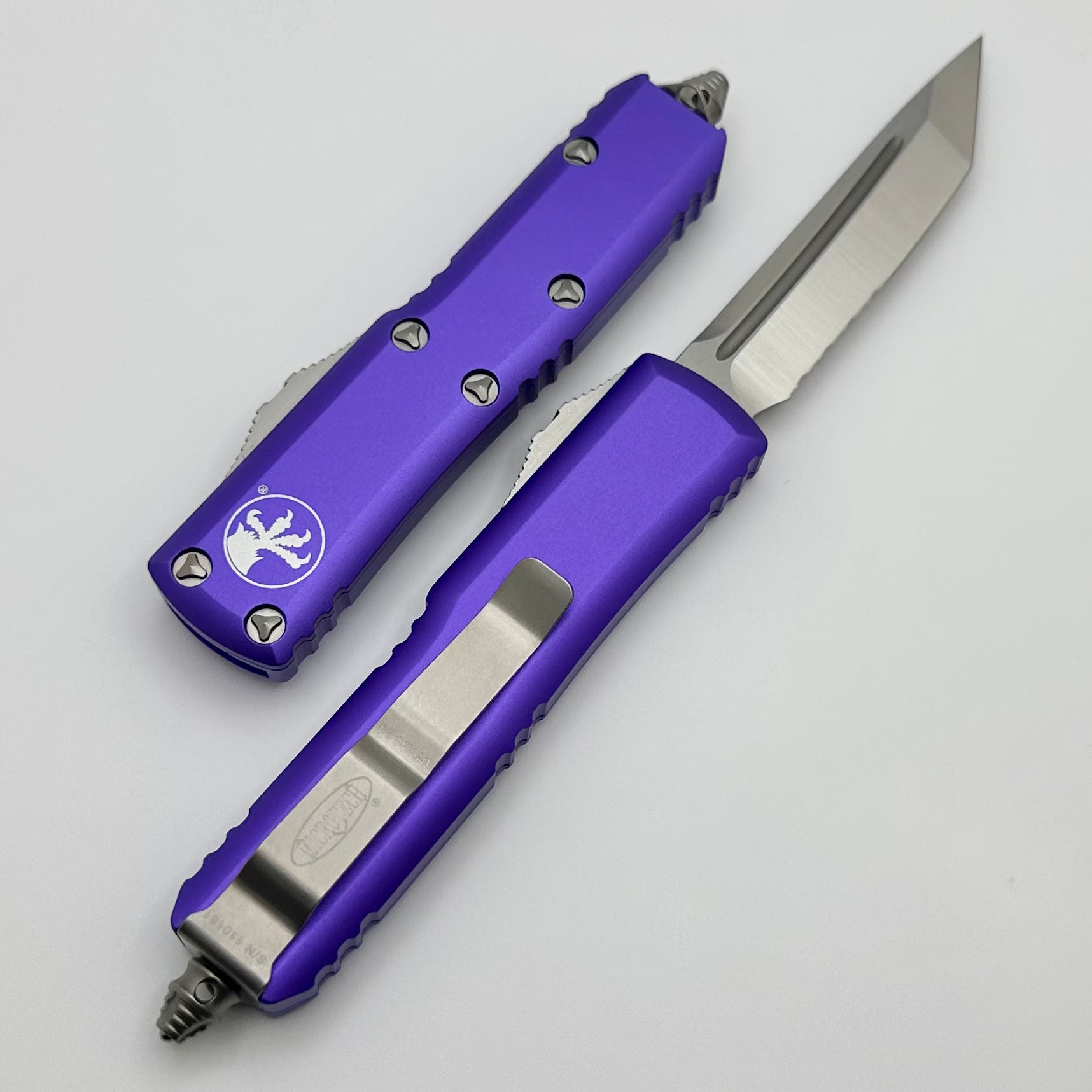 Microtech UTX-85 Tanto Partial Serrated Satin Standard & Purple 233-5PU