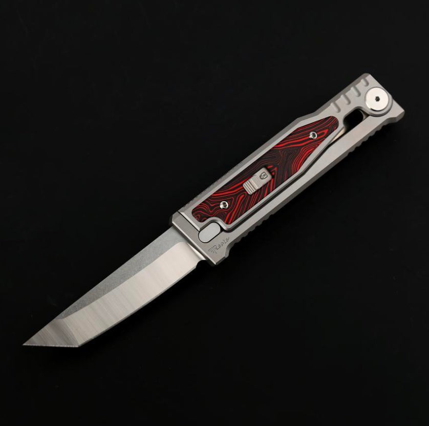 Reate EXO M Red/Black Damascus Pattern G-10 & Satin/Stonewash Tanto