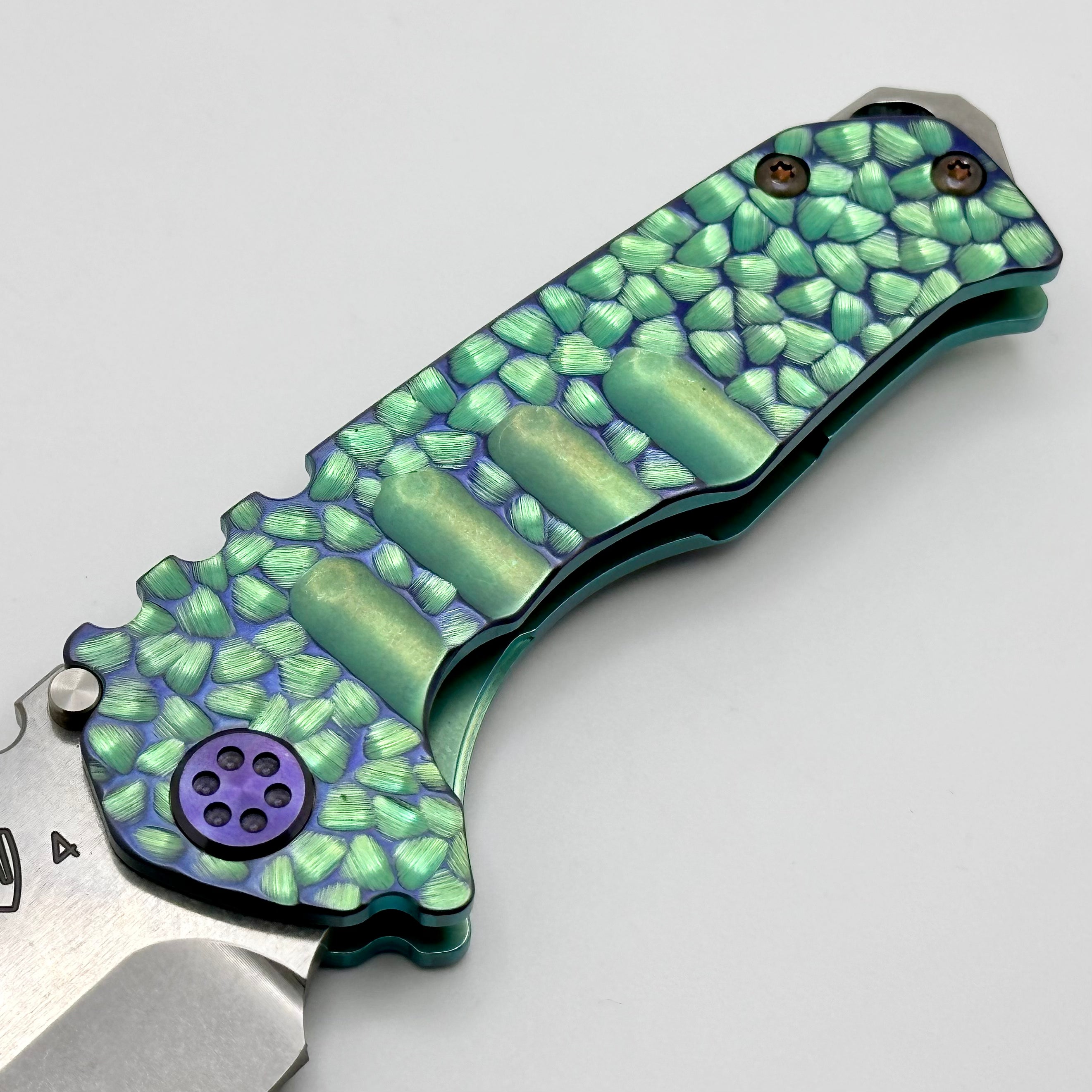 Medford Praetorian Genesis T Ecto Green Peaks & Valleys Hulk Handles w/ Violet Hardware/Clip & S45VN Tumbled Tanto