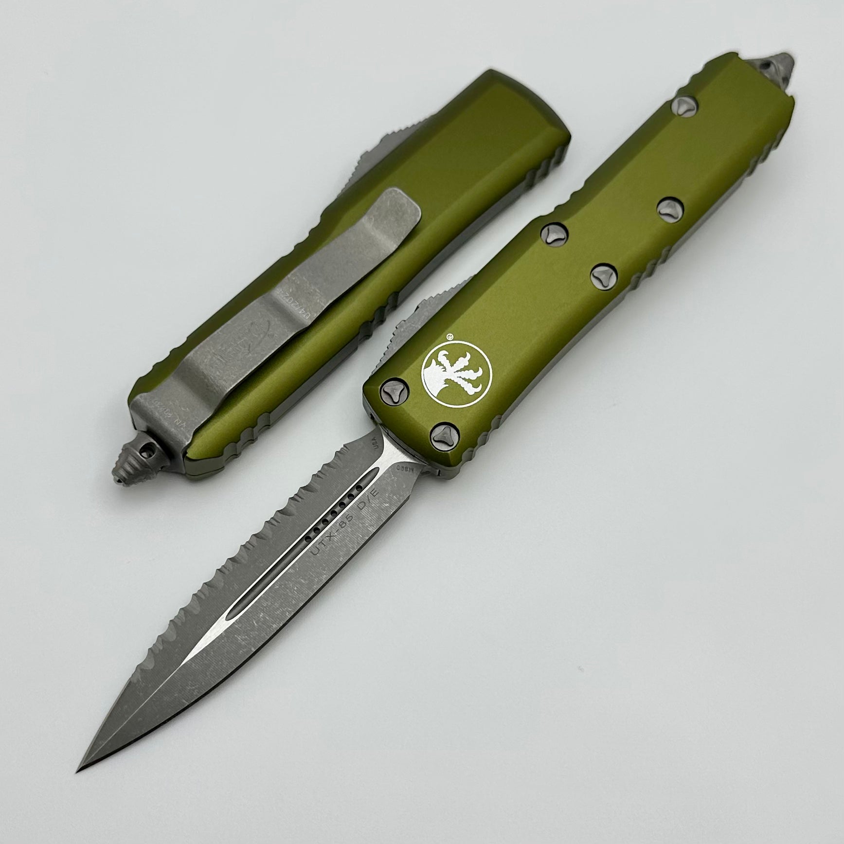 Microtech UTX-85 Double Edge Apocalyptic Full Serrated & OD Green 232-12APOD