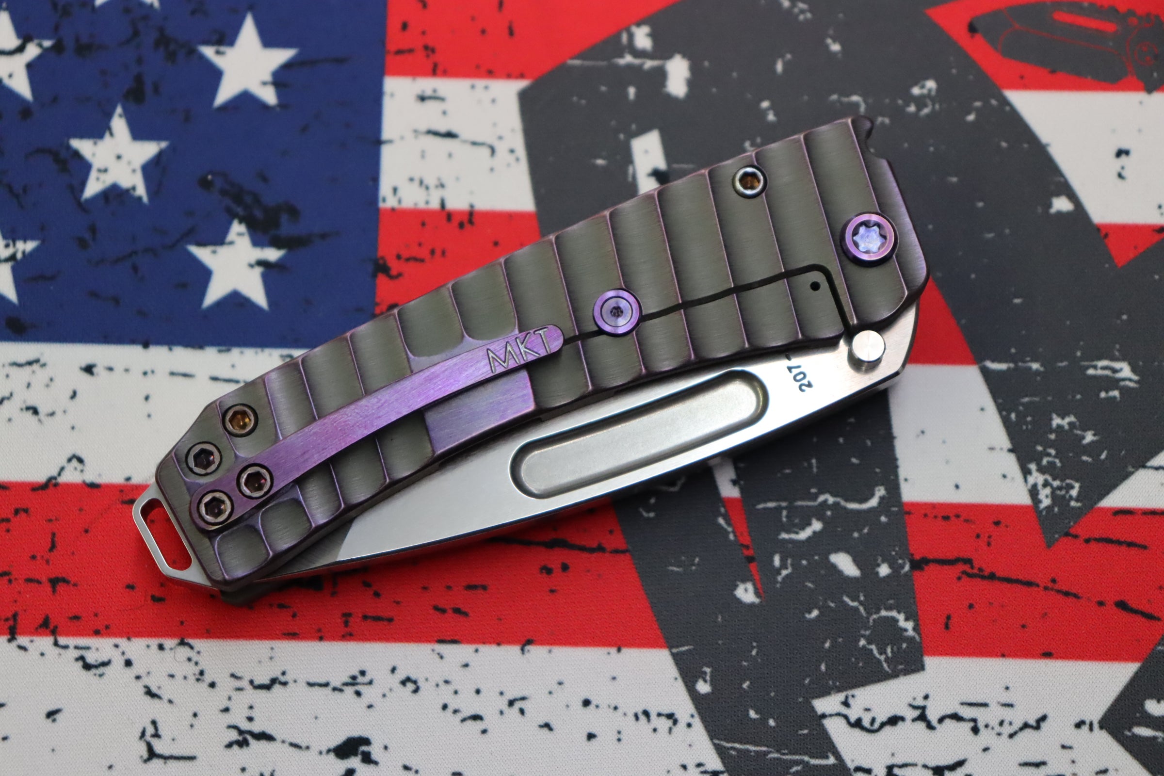 Medford Midi Marauder Tumbled S35 Tanto & Bead Blast Cement w/ Violet Mini Gator Belly Sculpted Handles w/ Violet Hardware/Clip