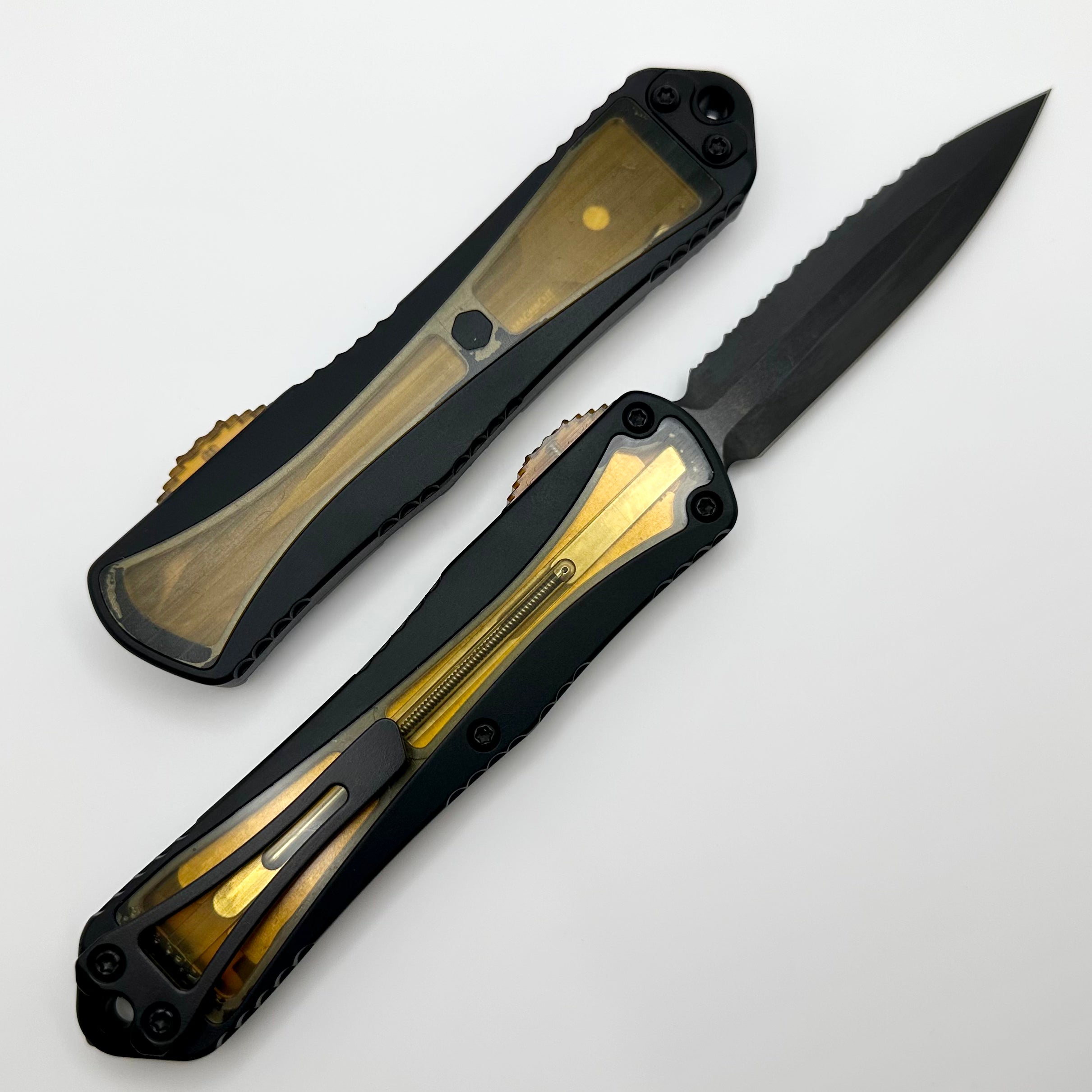 Heretic Knives Manticore E Black Handle w/ Ultem Inlays/Button & DLC Full Serrated MagnaCut Double Edge H028-6C-ULTEM