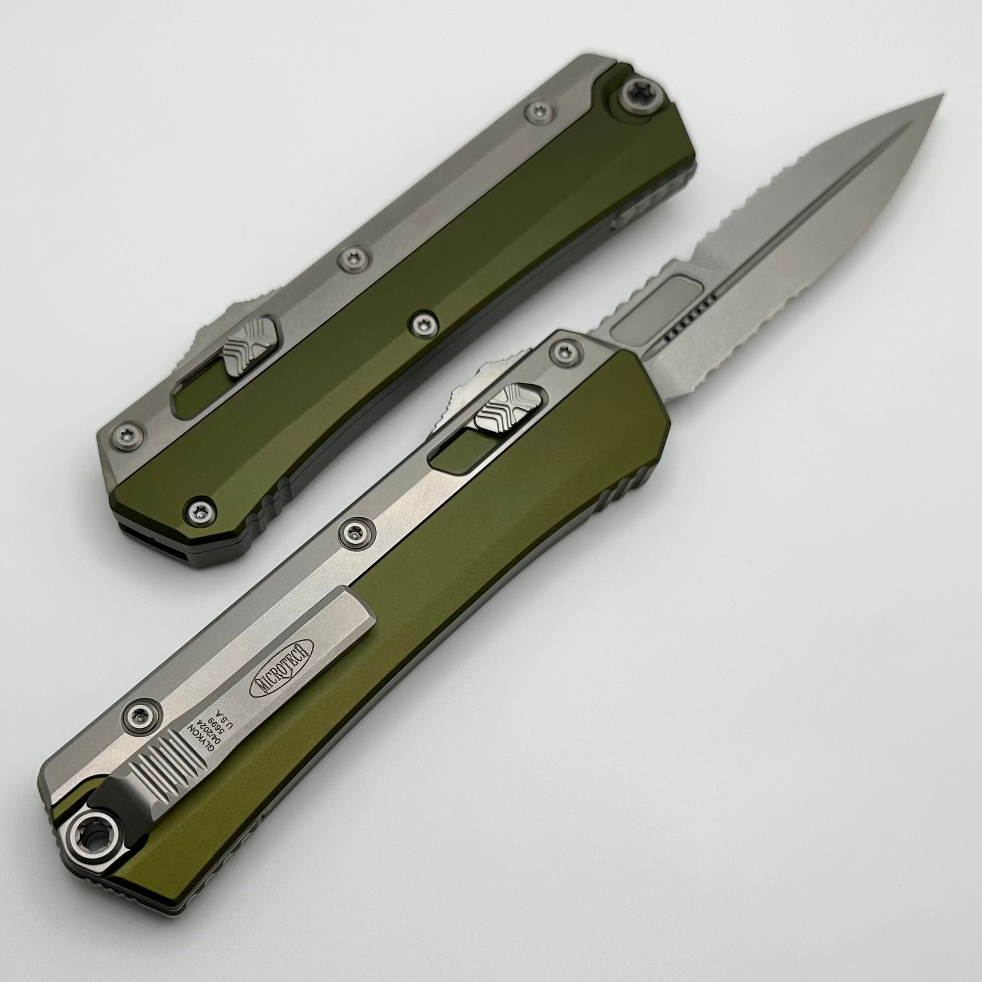 Microtech Glykon Stonewash Full Serrated Bayonet w/ Stonewash Overlay & OD Green Handle 184-12OD