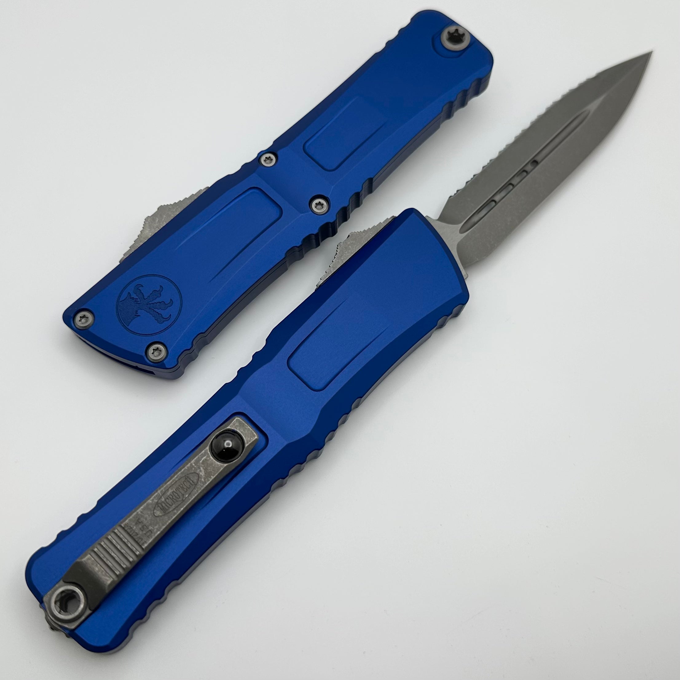 Microtech Knives Combat Troodon Gen III Apocalyptic Full Serrated Double Edge w/ Navy Blue Handle 1142-12APNA