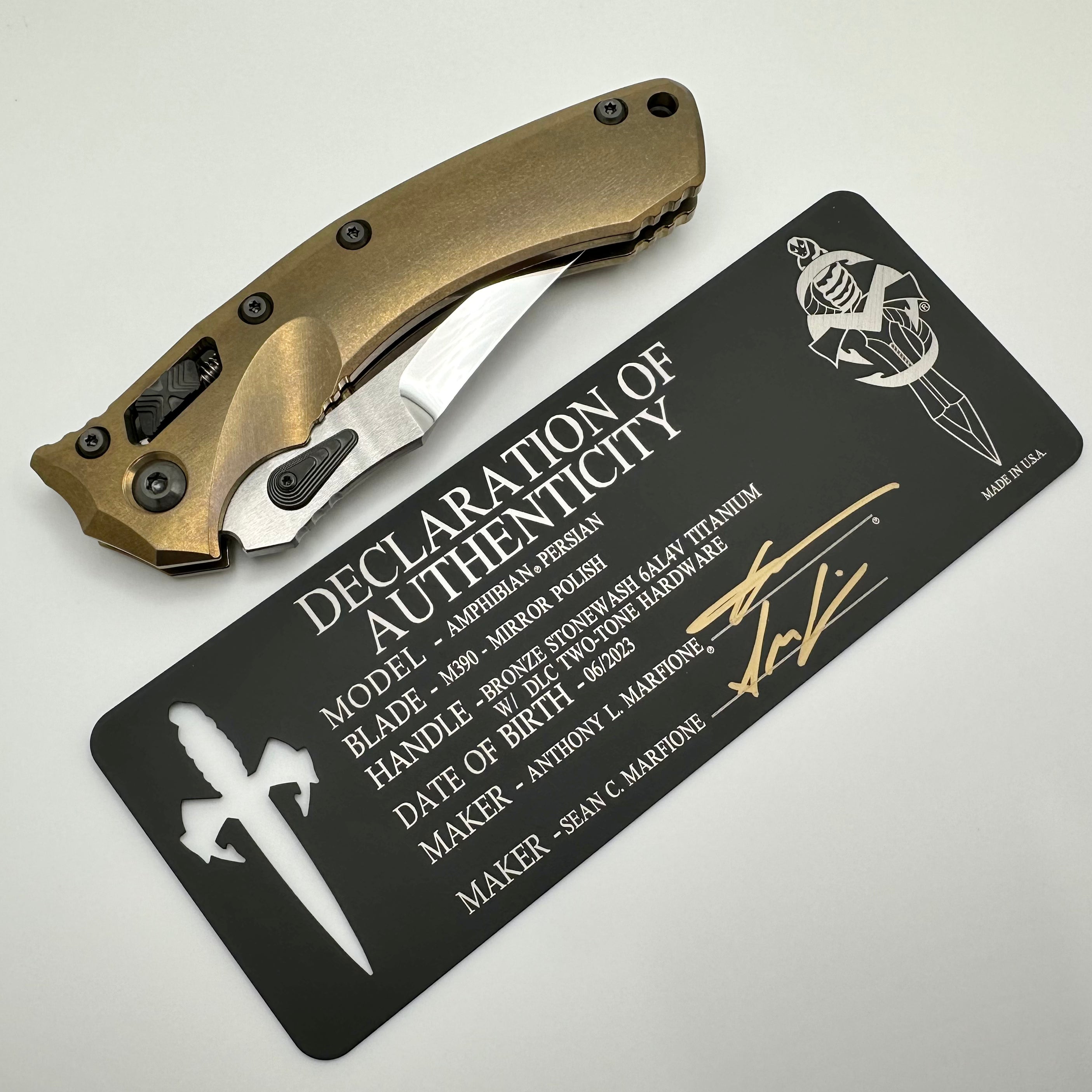 Marfione Custom Knives Amphibian RAM-LOK Persian Ground Mirror Polish M390 & Bronze Stonewash Titanium w/ DLC Two Tone Hardware