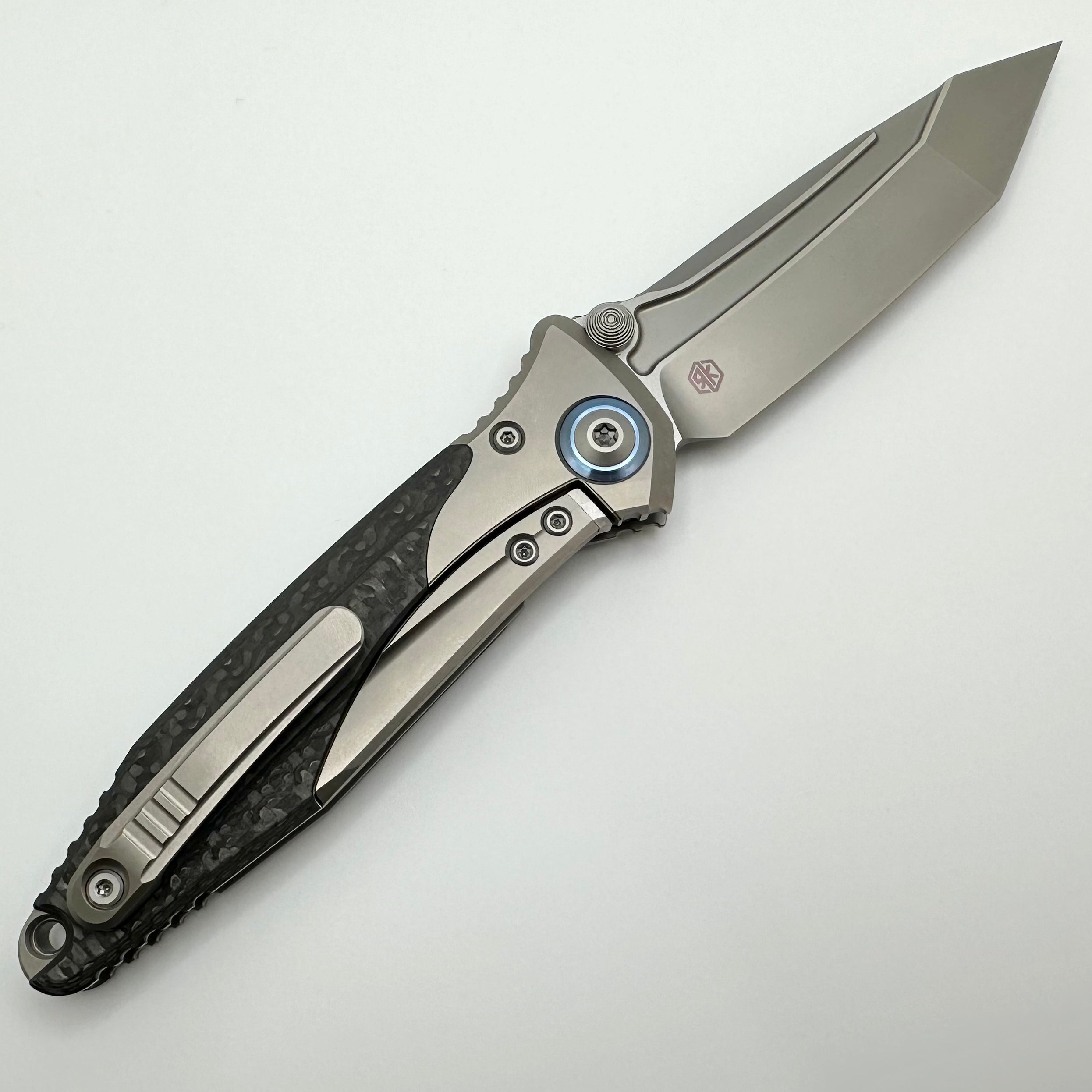 Microtech Knives Socom Bravo T/E Bead Blast Standard w/ Blue Ti Pivot Collars & Carbon Fiber Scales 261-7CFTI PRE OWNED