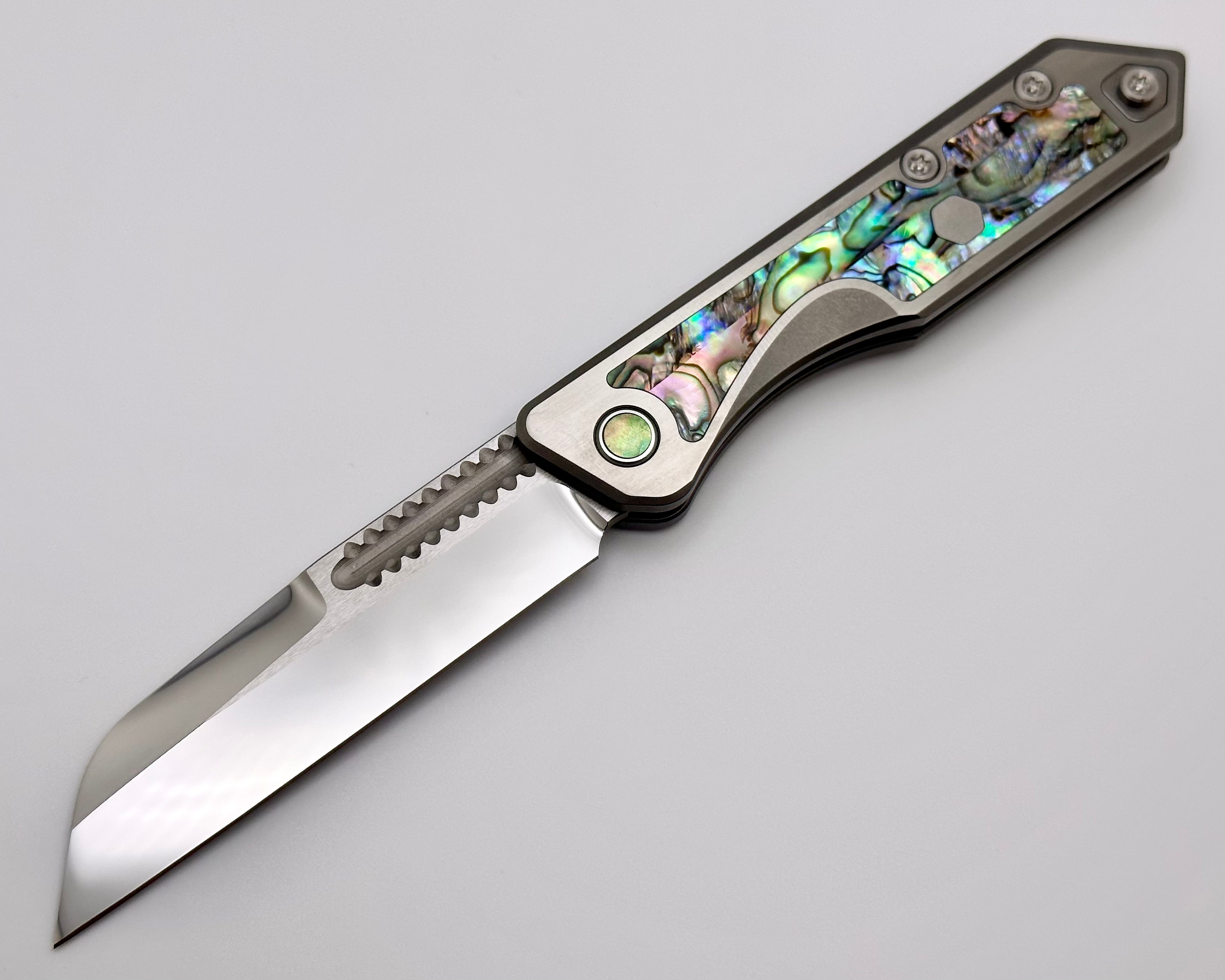 Heretic Knives Jinn Custom Titanium w/ Abalone Inset & Hand Ground Mirror Polished Elmax