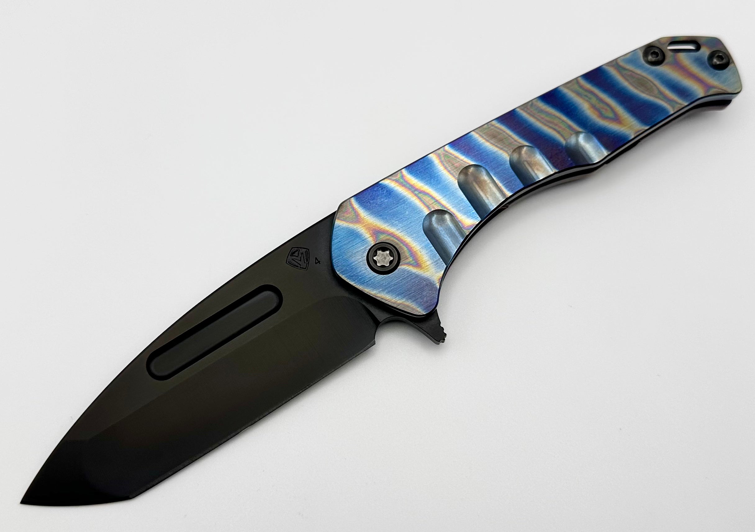 Medford Praetorian Slim Flipper S45VN PVD Tanto & Faced/Flamed Solar Flare Blue/Violet Handles w/ PVD Hardware/Clip