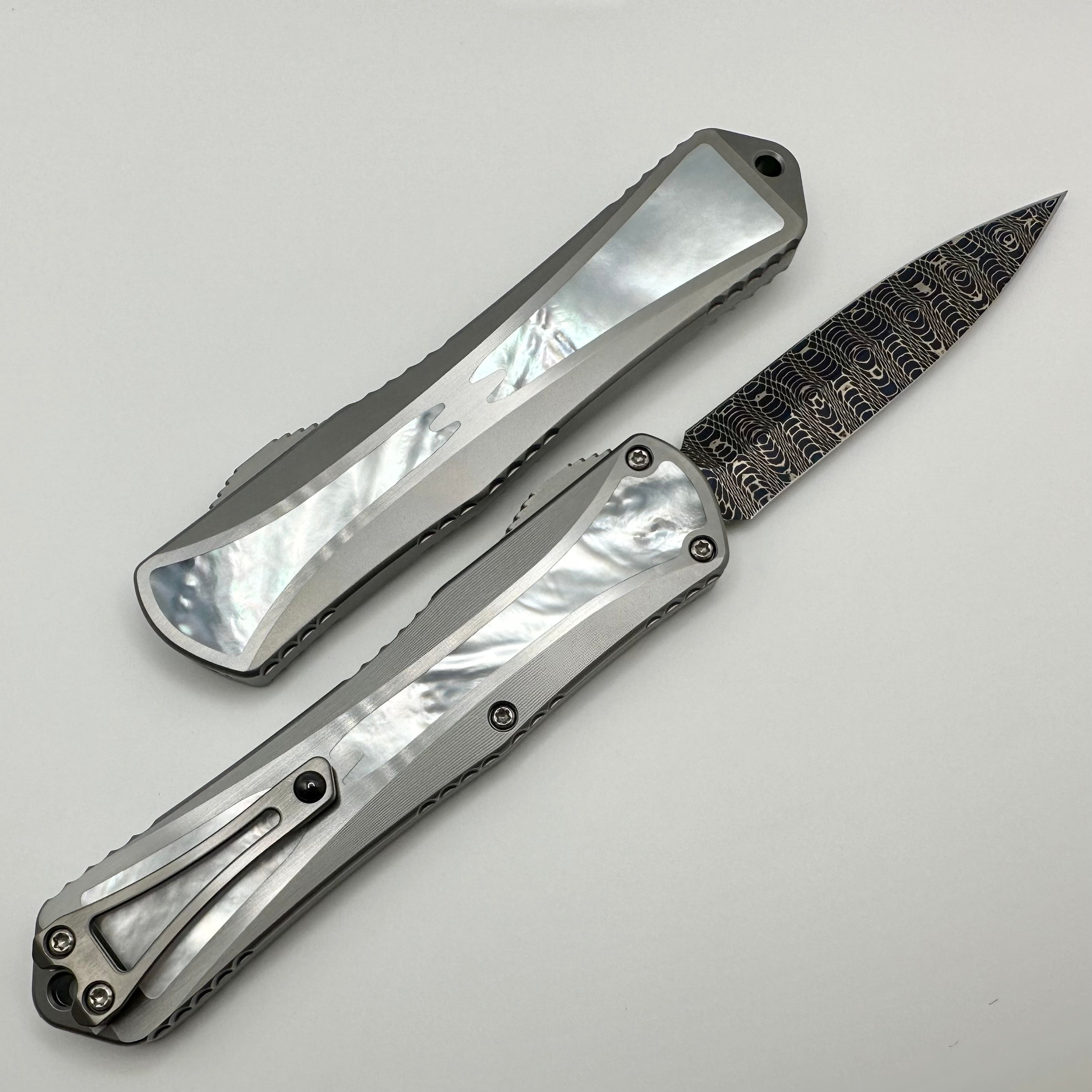 Heretic Knives Manticore X Hand Ground Vegas Forge Blued Damascus D/E & Hefted Stainless Steel Handle w/ Mother of Pearl Inlays