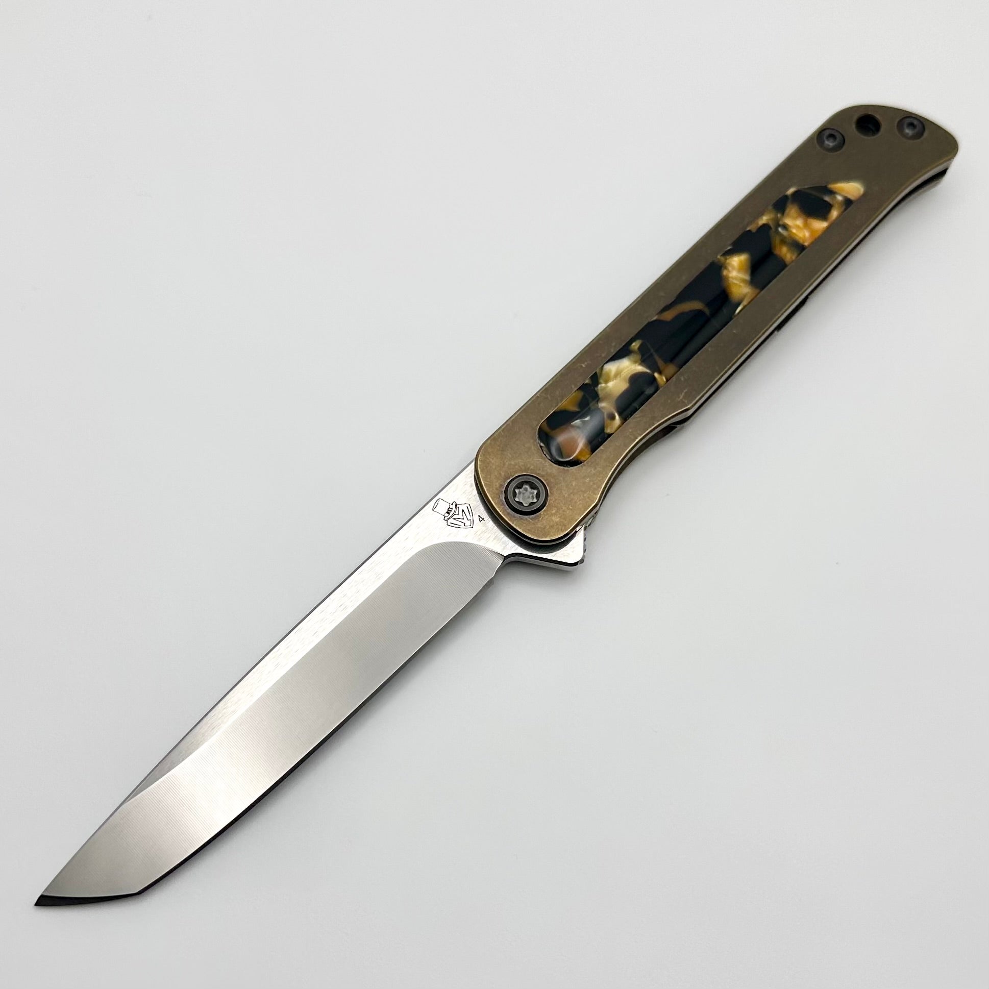 Medford T-Bone Bronze Tumbled Titanium Framelock Flipper w/ Tortoise Shell Inlay & Black Hardware w/ Tumbled S45VN Tanto Blade