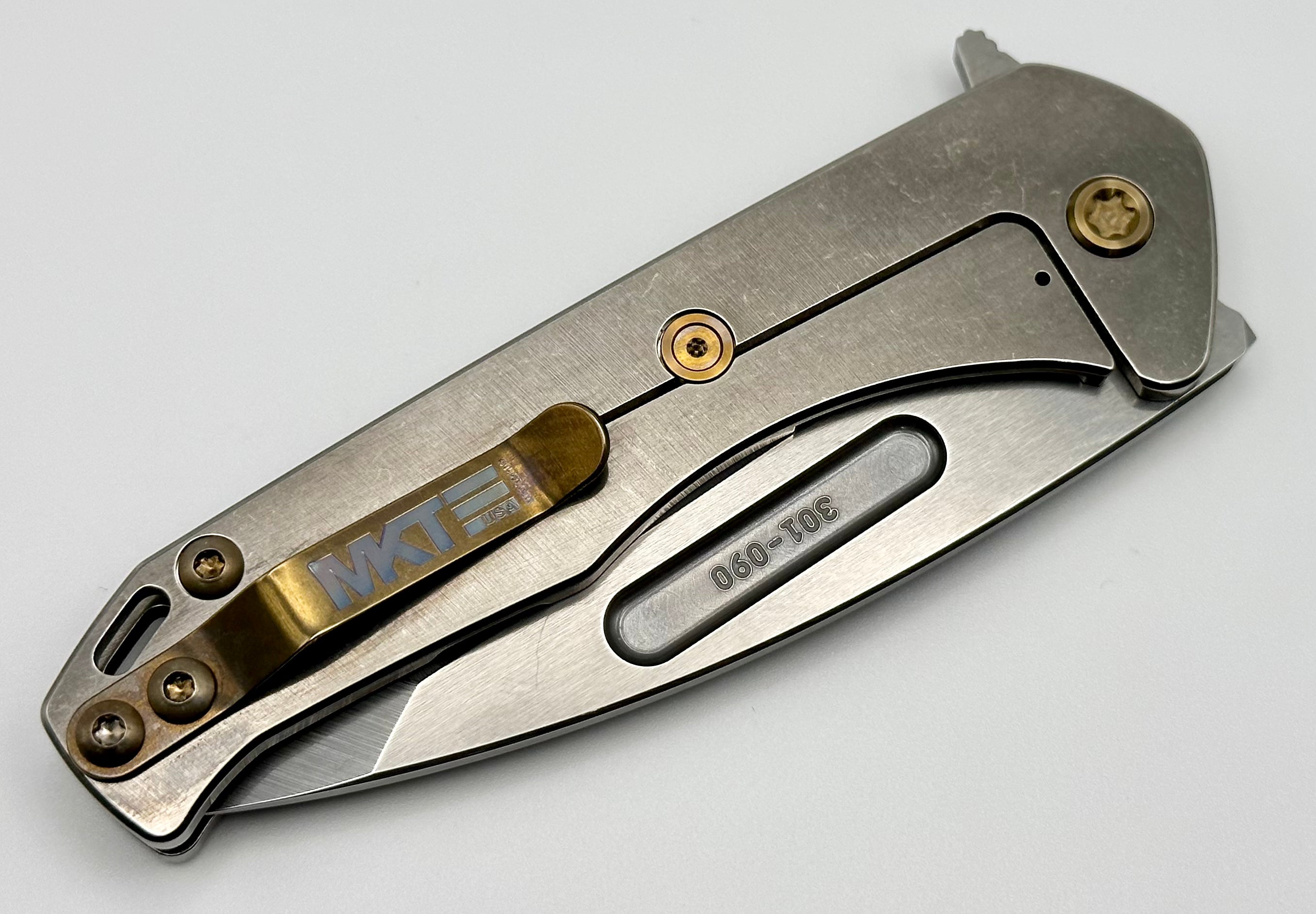 Medford Praetorian Slim Flipper S45VN Tumbled Tanto & Bronze Art Nouveau Laser Engraving Handles w/ Bronze Hardware/Clip