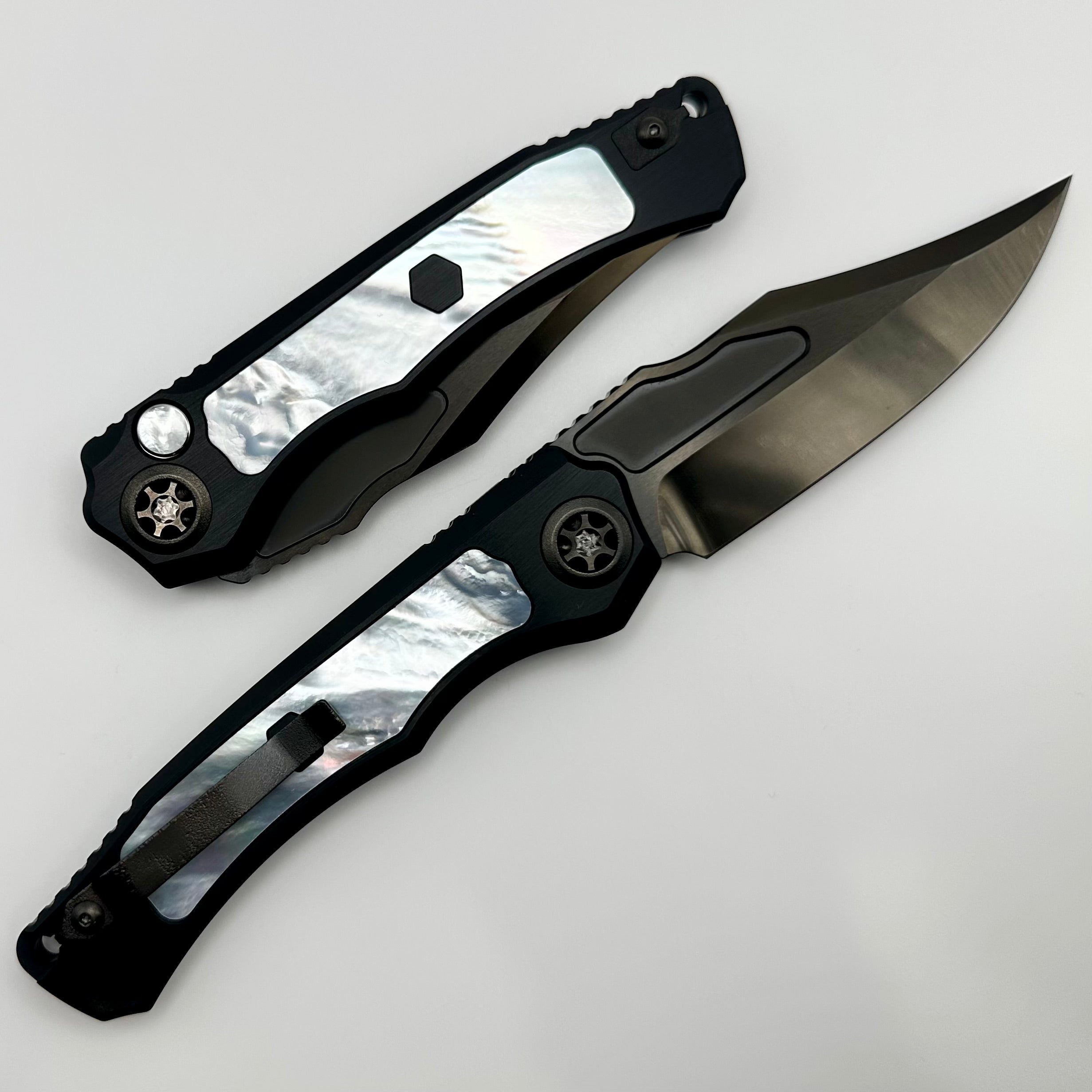 Heretic Knives Custom Wraith Auto V4 w/ Mother of Pearl Inlays & Hand Ground High Sheen DLC MagnaCut Bowie Blade