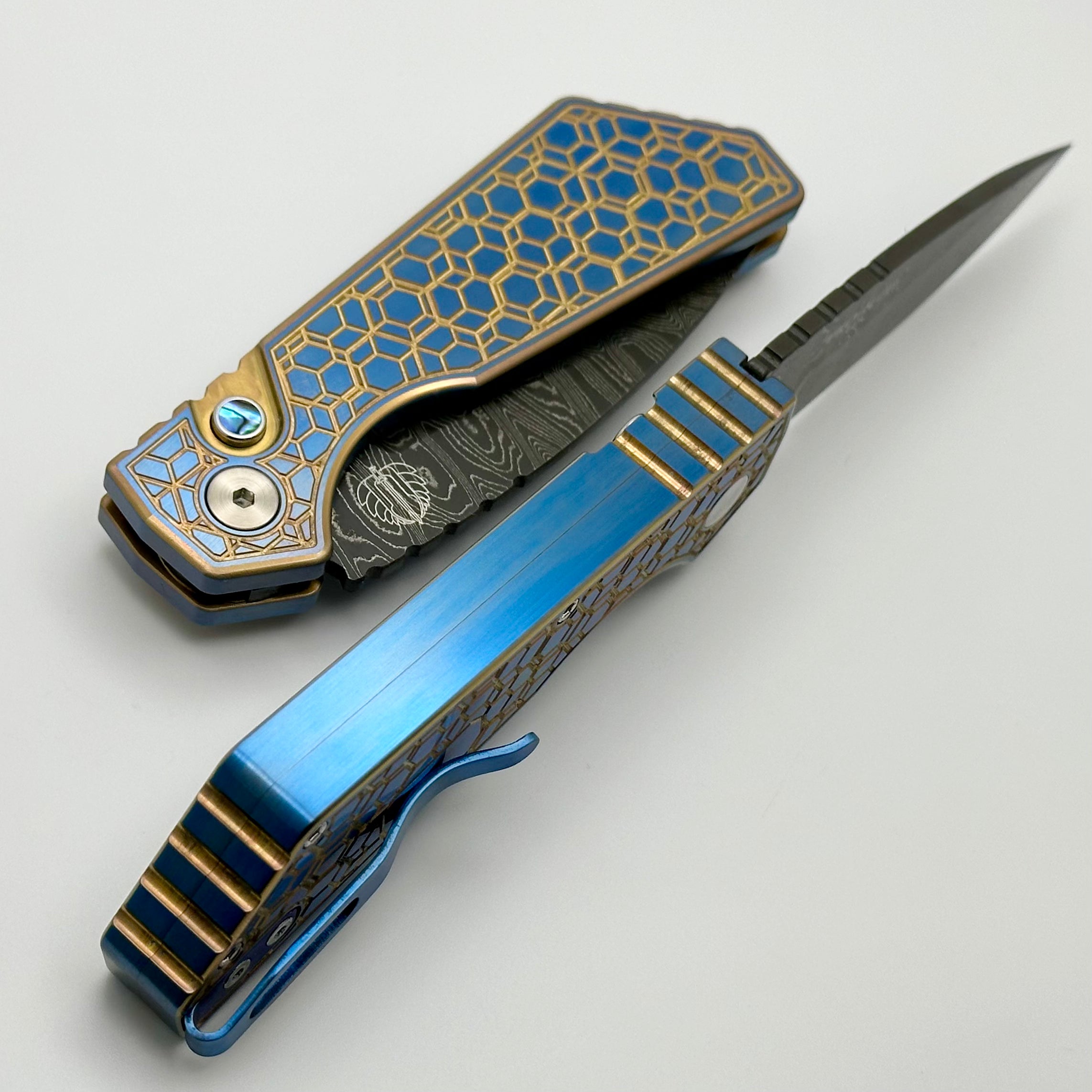 Pro-Tech PT Plus 2 Tone Ti Blue/Gold Gridlock Handle w/ Abalone Button & Damascus Blade 2024 Custom 006