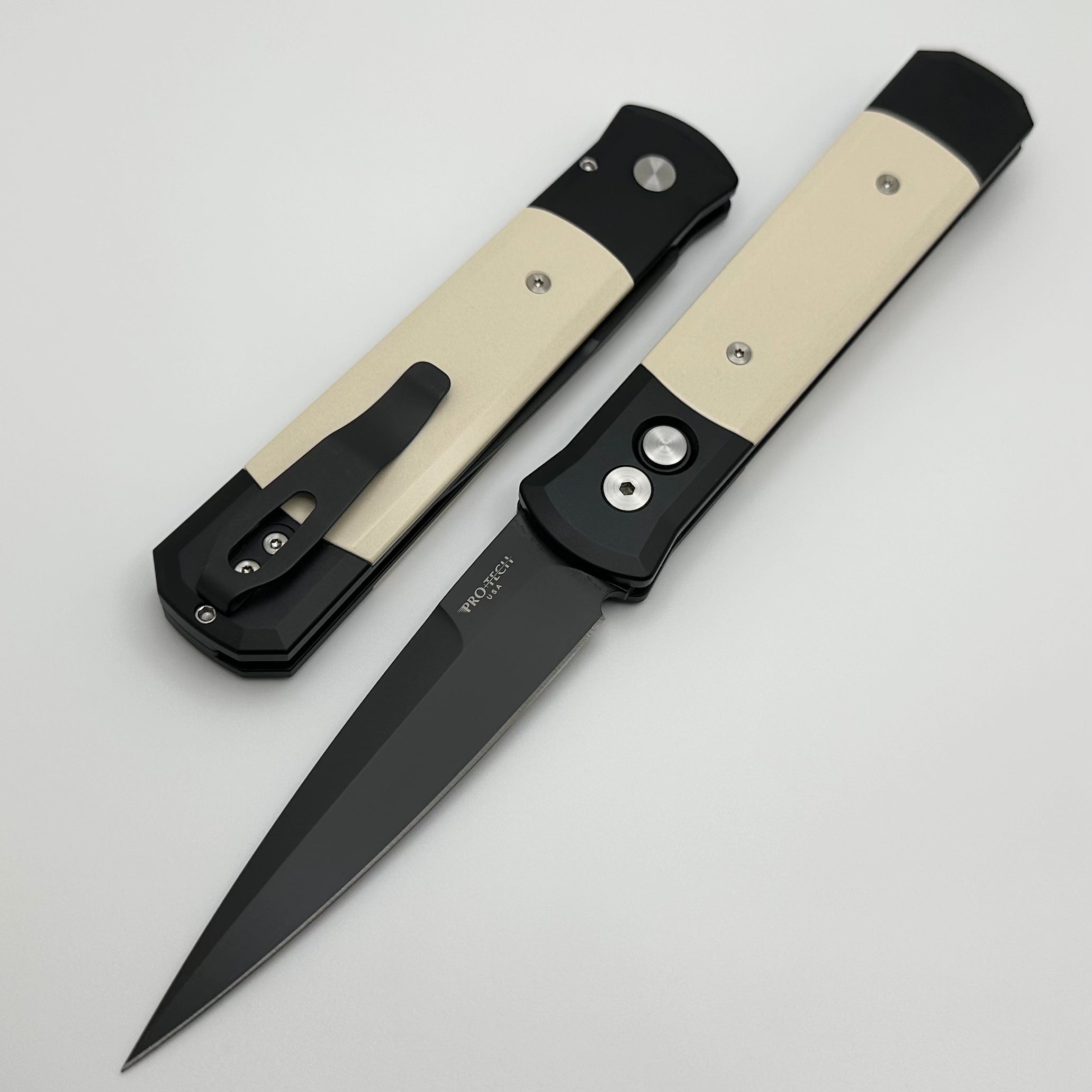 Pro-Tech Godfather Tuxedo Black Handles w/ Micarta Inlays & Black 154-CM Blade 952