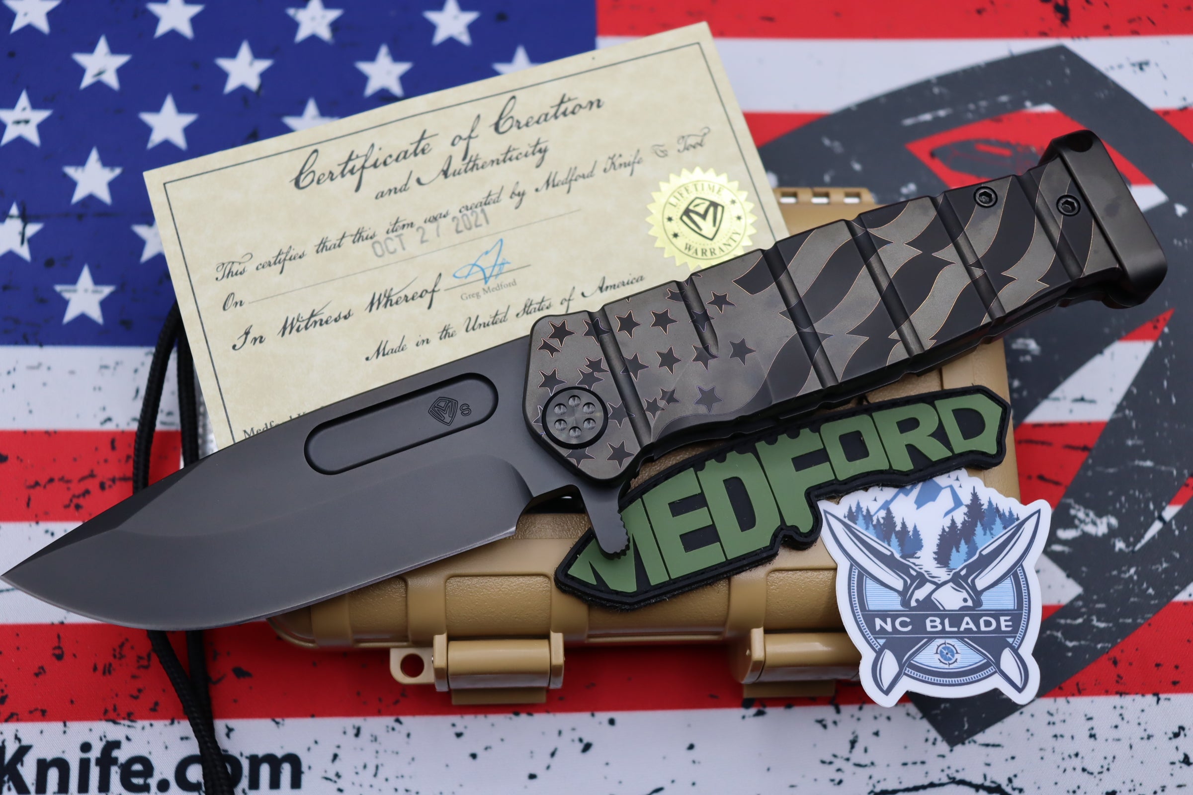 Medford Knife Fighter Flipper USMC PVD “Ghost American Flag” Engraved & PVD Hardware with PVD CPM-S35