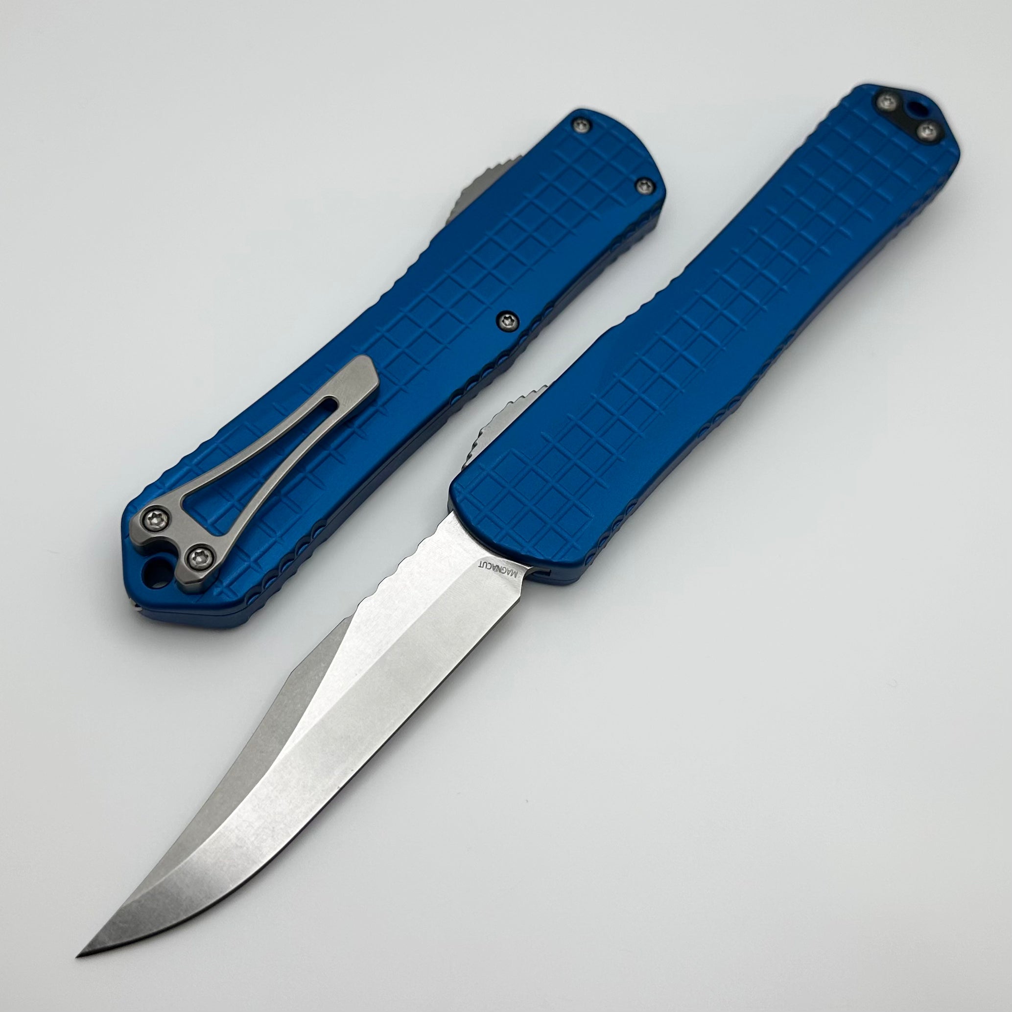 Heretic Knives Manticore X Blue Frag Handle & Stonewash Bowie MagnaCut H030BF-2A-BLU