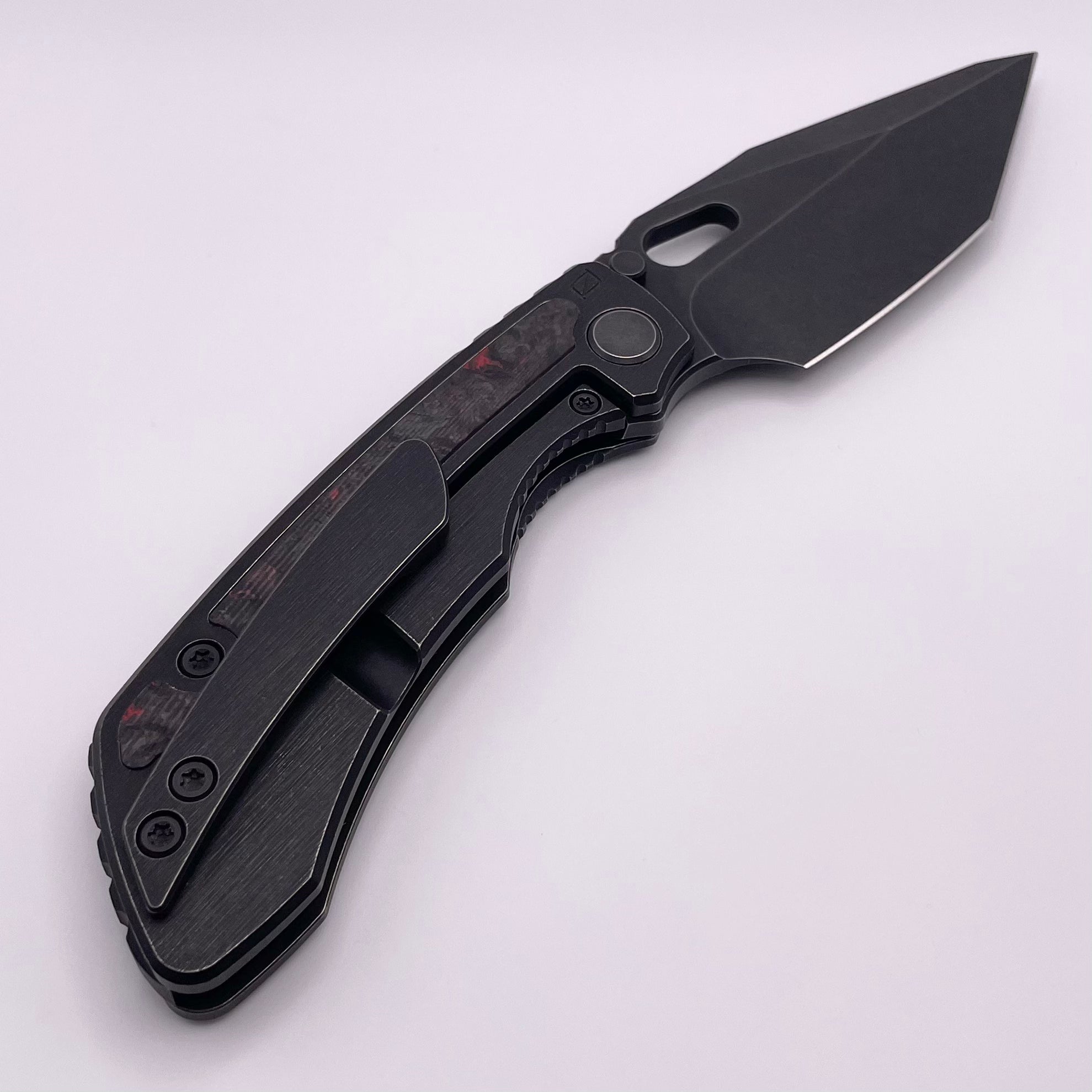 PRE OWNED Custom Knife Factory Rotten Design Evo T Carbon Fiber Inlaid Blackwash Handles w/ Blackwash S90V