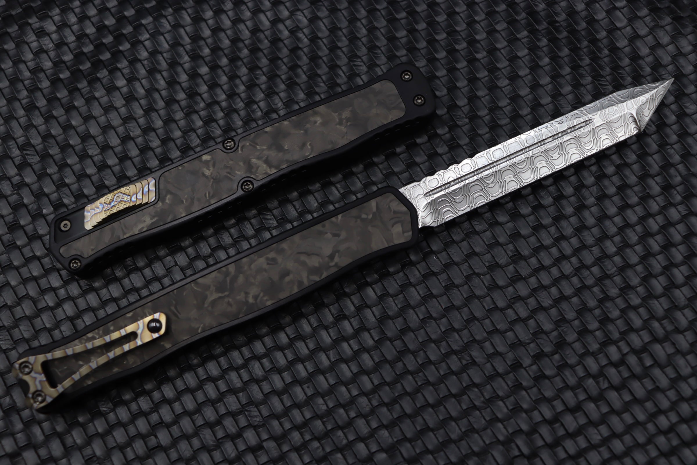 Heretic Knives Cleric II 2 Vegas Forge Damascus Tanto & Marble Carbon Fiber Inlays w/ Flamed Clip/Button