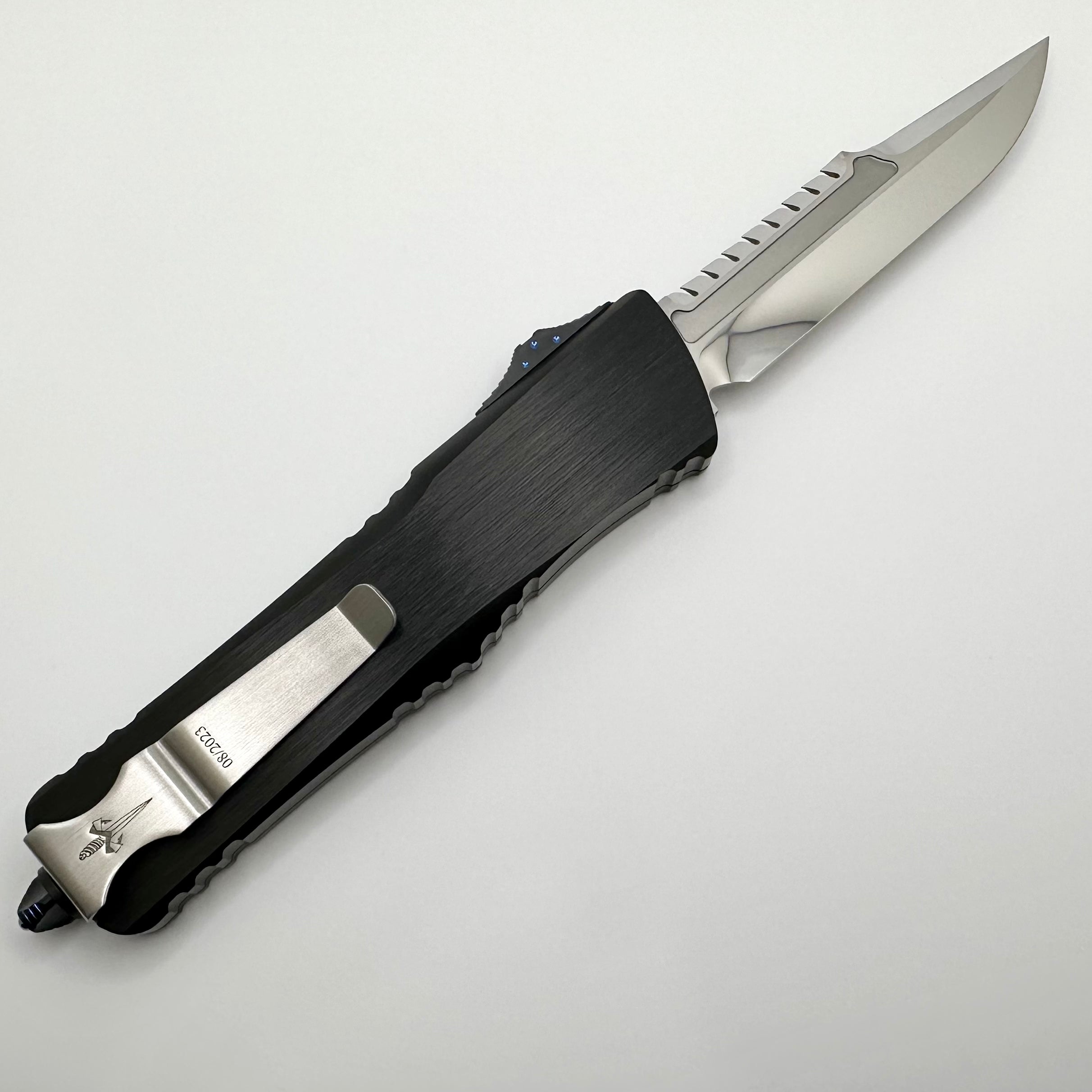 Marfione Custom Knives Combat Troodon Interceptor Mirror Polish w/ Hefted Black Handle & Blue Ringed Hardware