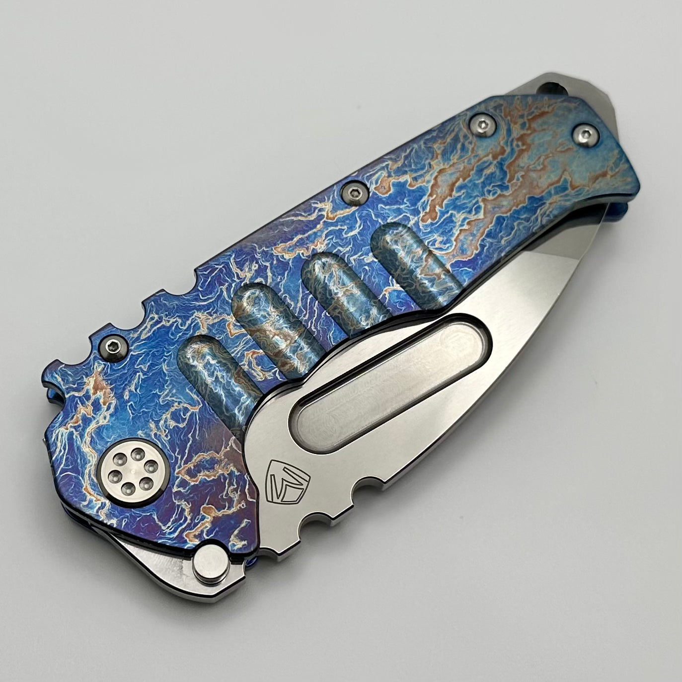 Medford Knife Praetorian T Flamed & Blue w/ 20CV Polished Tanto