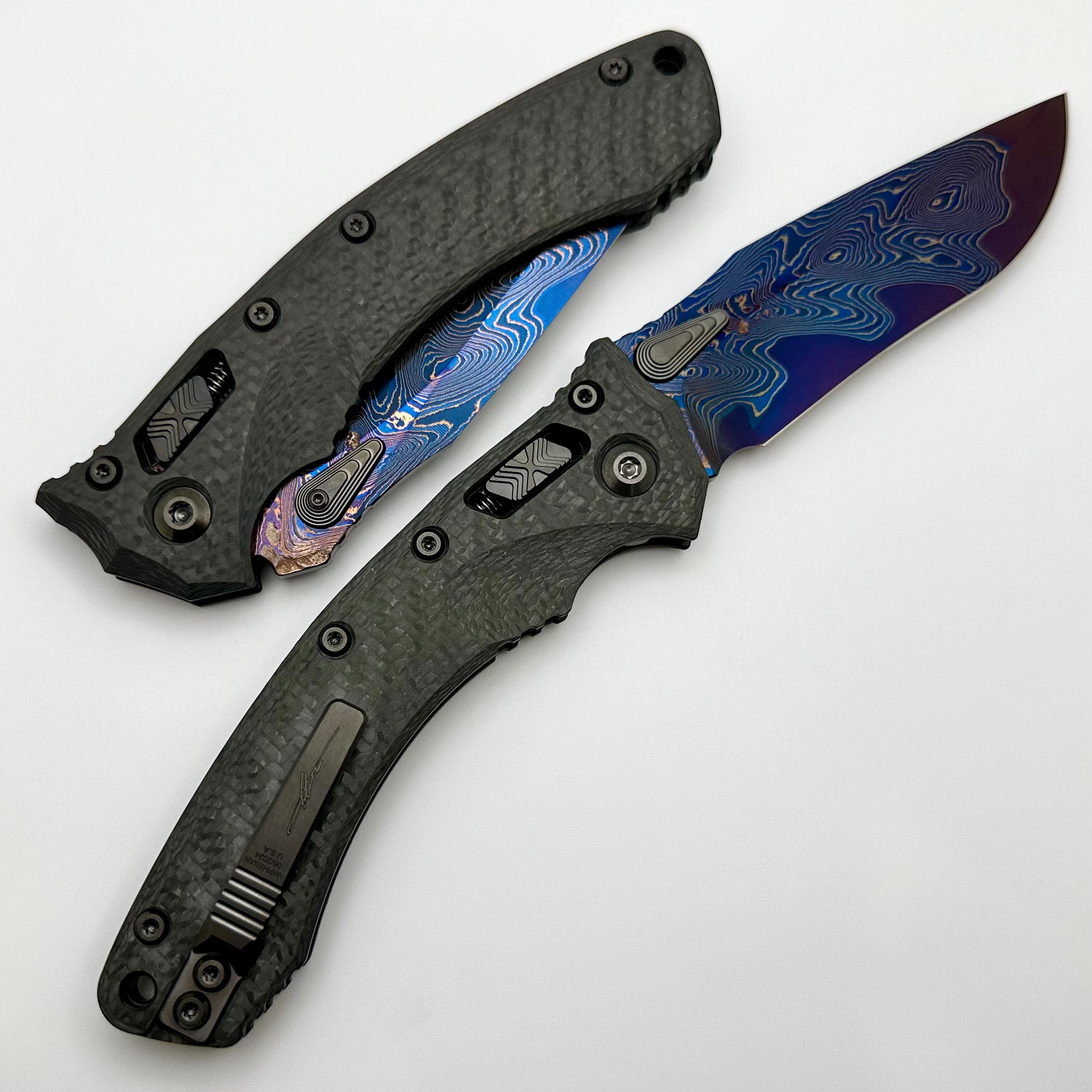 Microtech Knives Amphibian RAM-LOK Baker Forge Blued Chevron Elite Copper Mai & Carbon Fiber Handles w/ DLC Two Tone Hardware Signature Series 137RL-16MS3