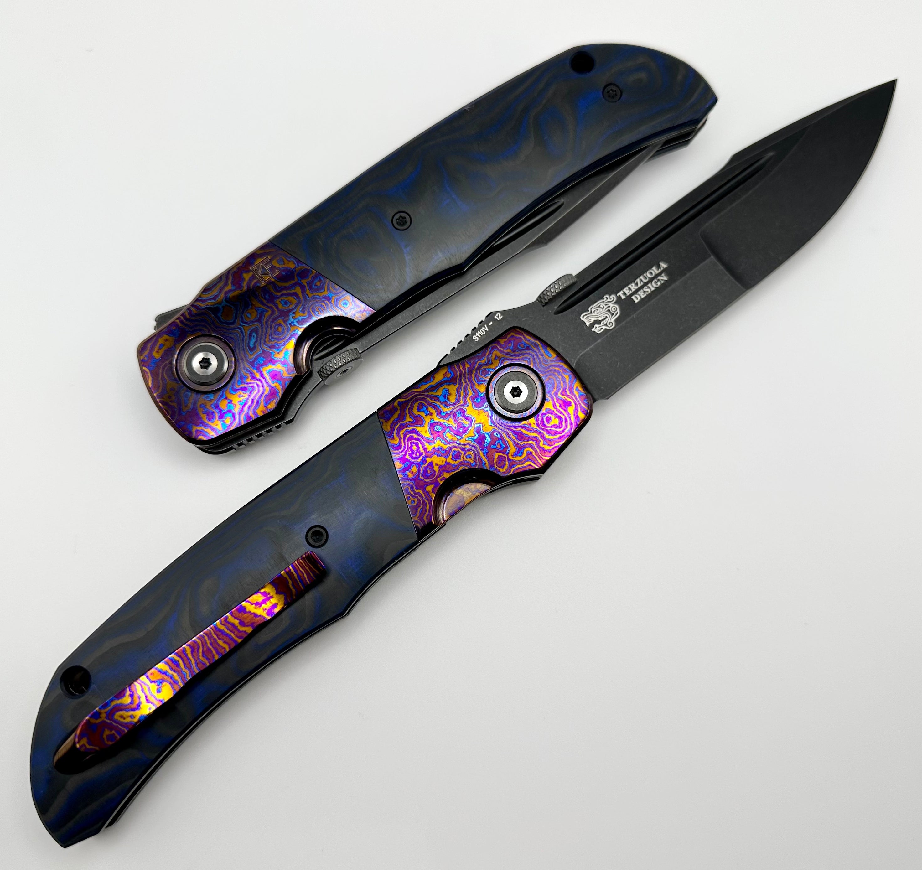 Custom Knife Factory Eagle Rock Timascus Bolsters w/ Blue/Black Carbon Fiber & S110V