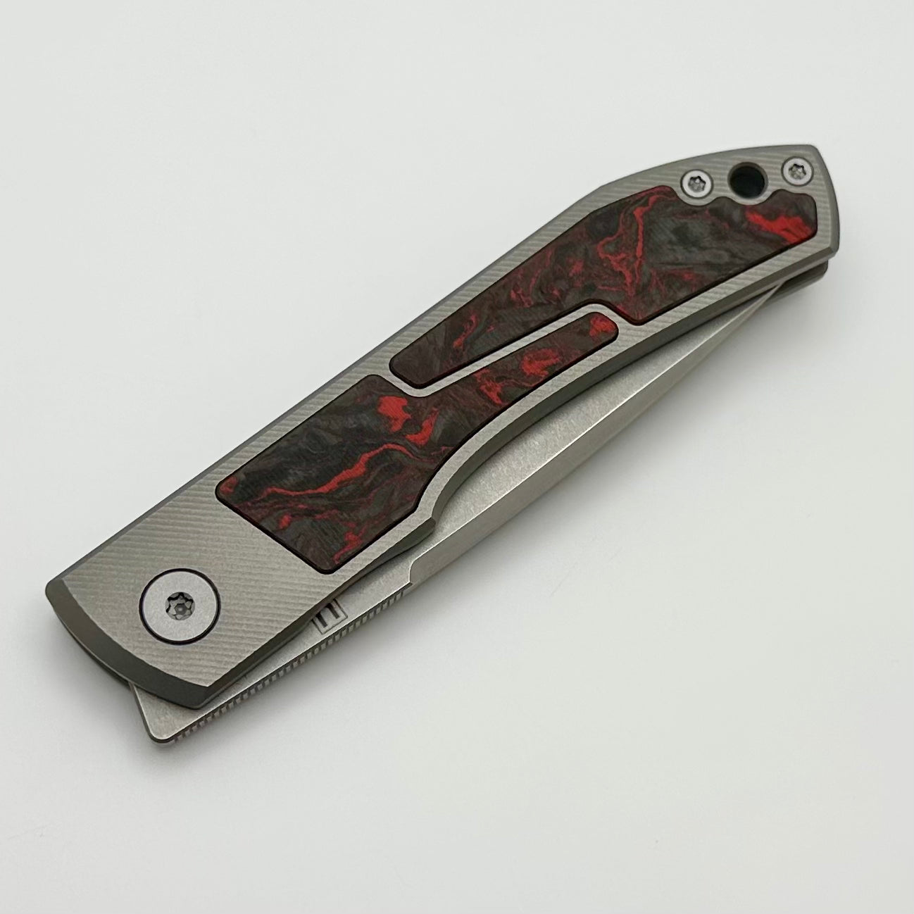 Uldanov Custom Knives Sierra w/ Milled Titanium/Red Dark Matter Carbon Fiber Inlays & M398 Front Flipper #66