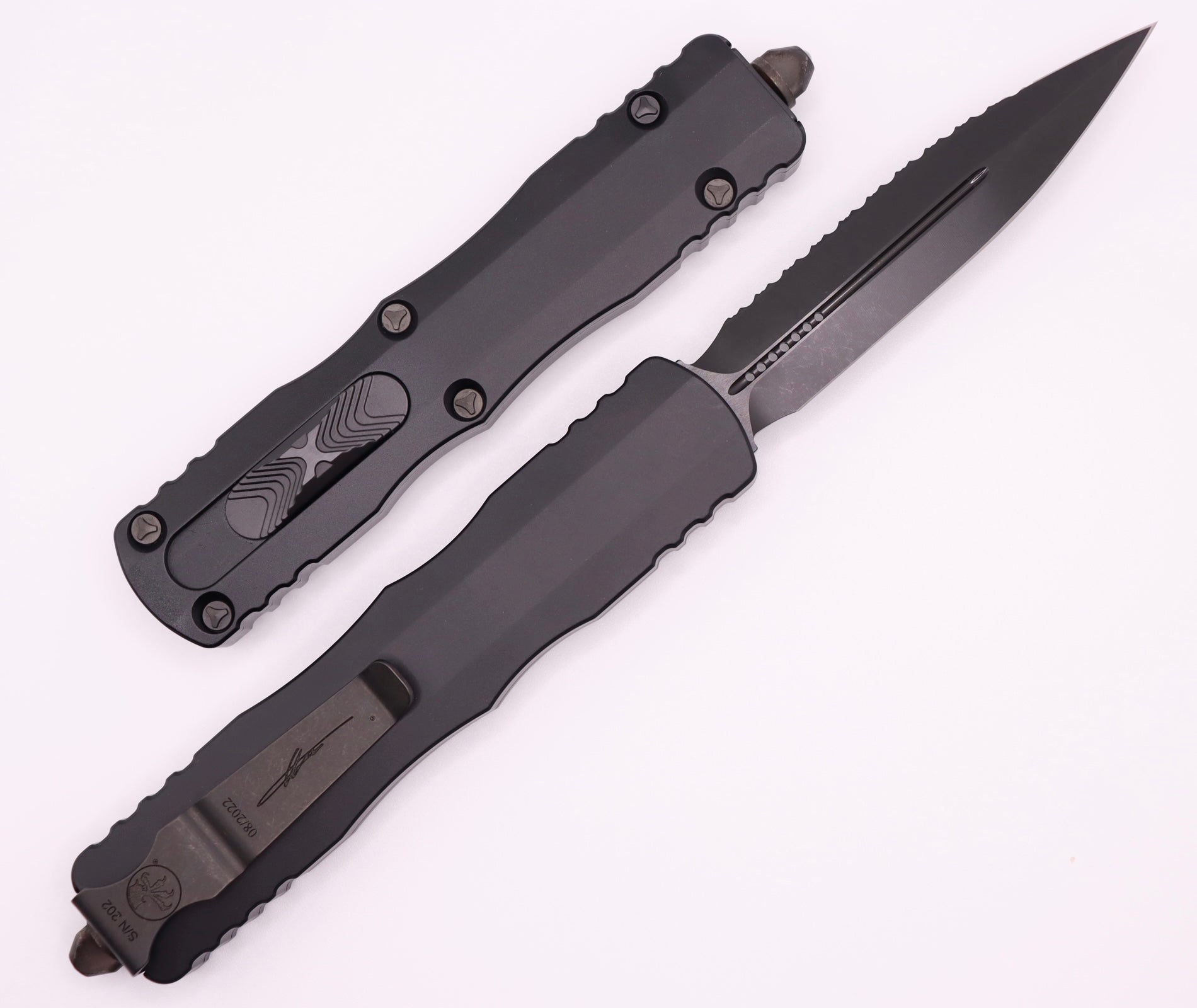 Microtech Dirac Delta Double Edge DLC Shadow Fully Serrated 227-3DLCTSH