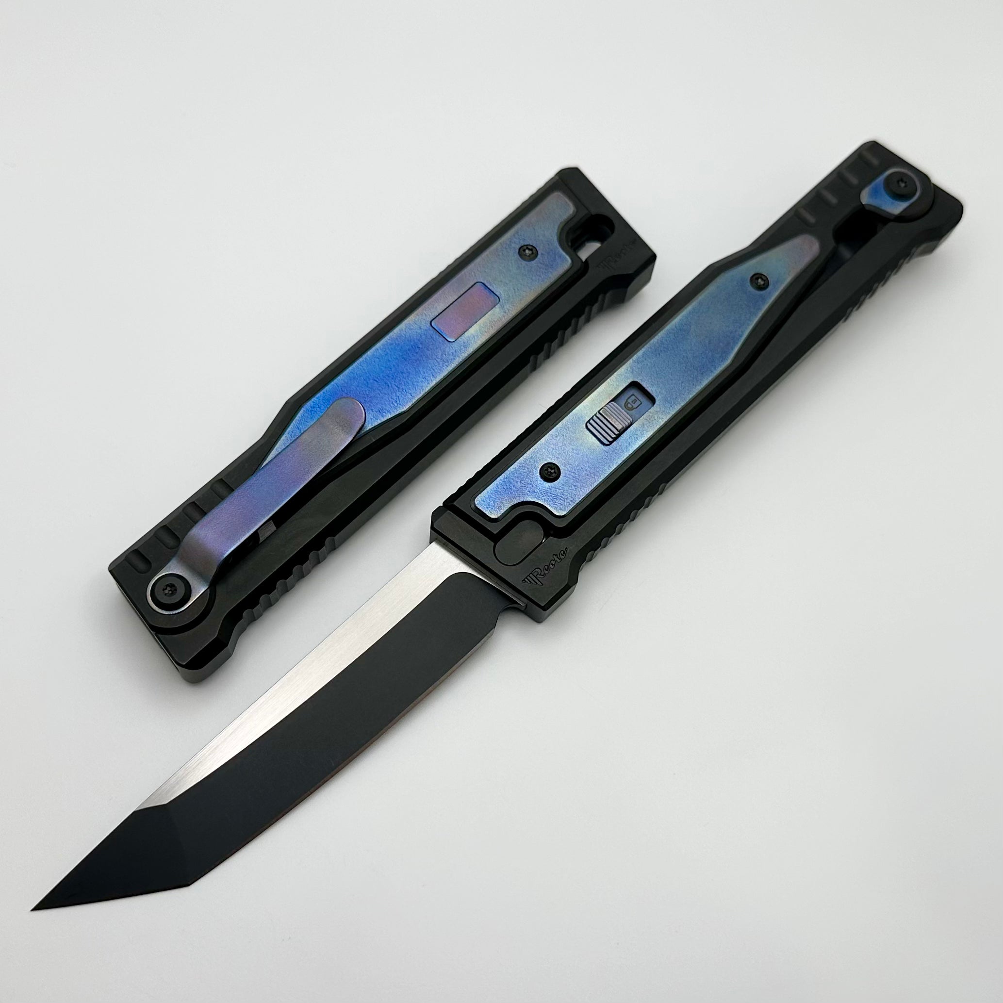 Reate EXO Exoskeleton Design V2 Flamed Titanium & Two Tone Black PVD Tanto w/ Blue Accents