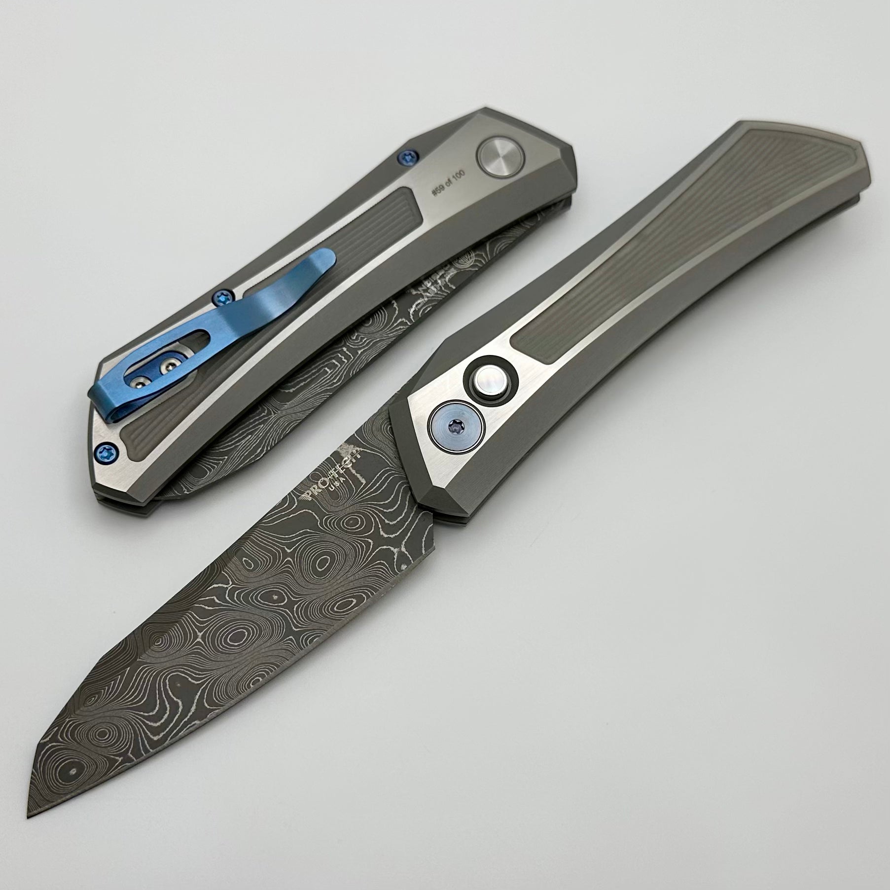 Pro-Tech Oligarch Milled Stainless Handle & Pearl Button w/ Virus Damascus 2024 Custom 003