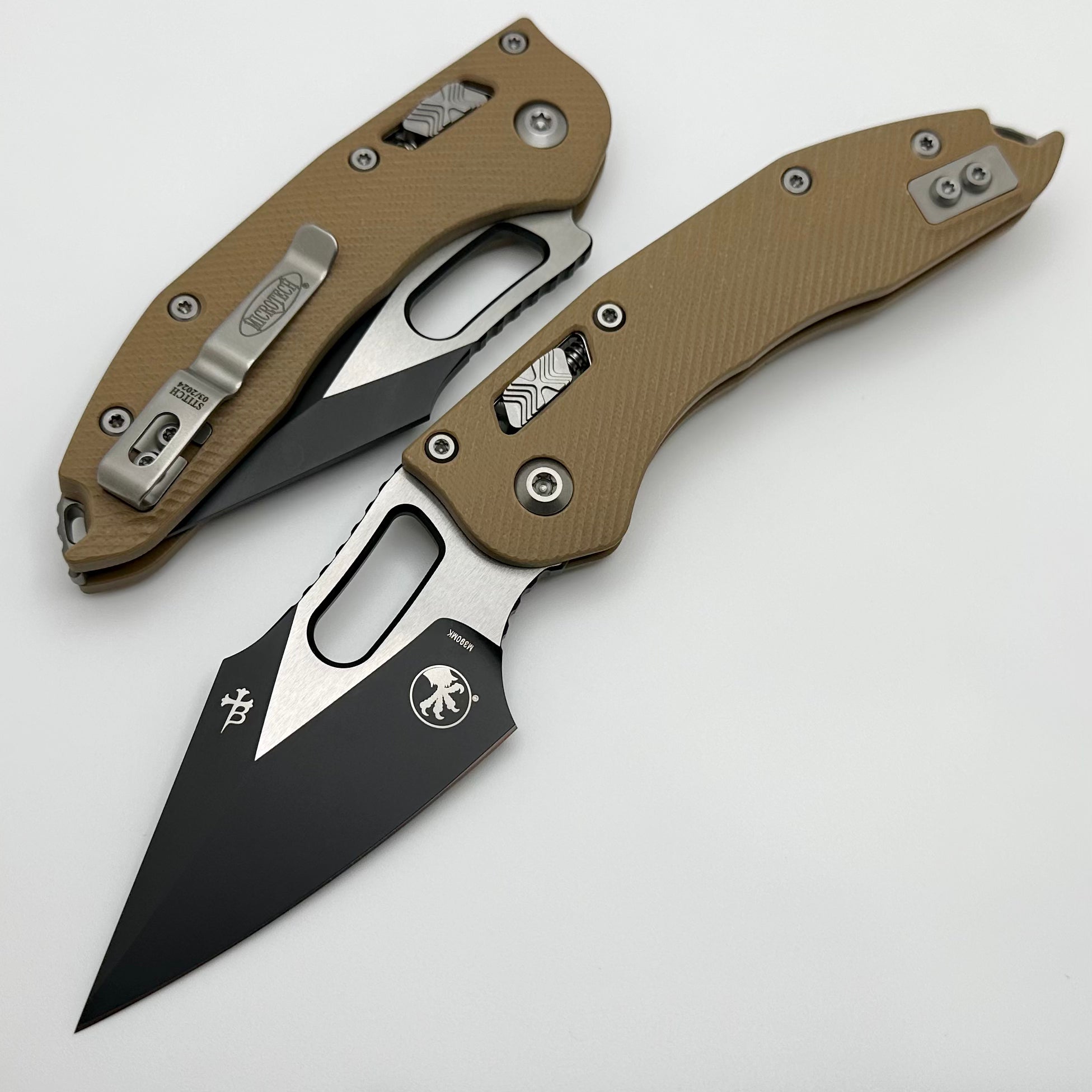 Microtech Knives Manual Stitch RAM LOK Fluted Tan G-10 & Two Tone Black M390MK 169RL-1FLGTTA