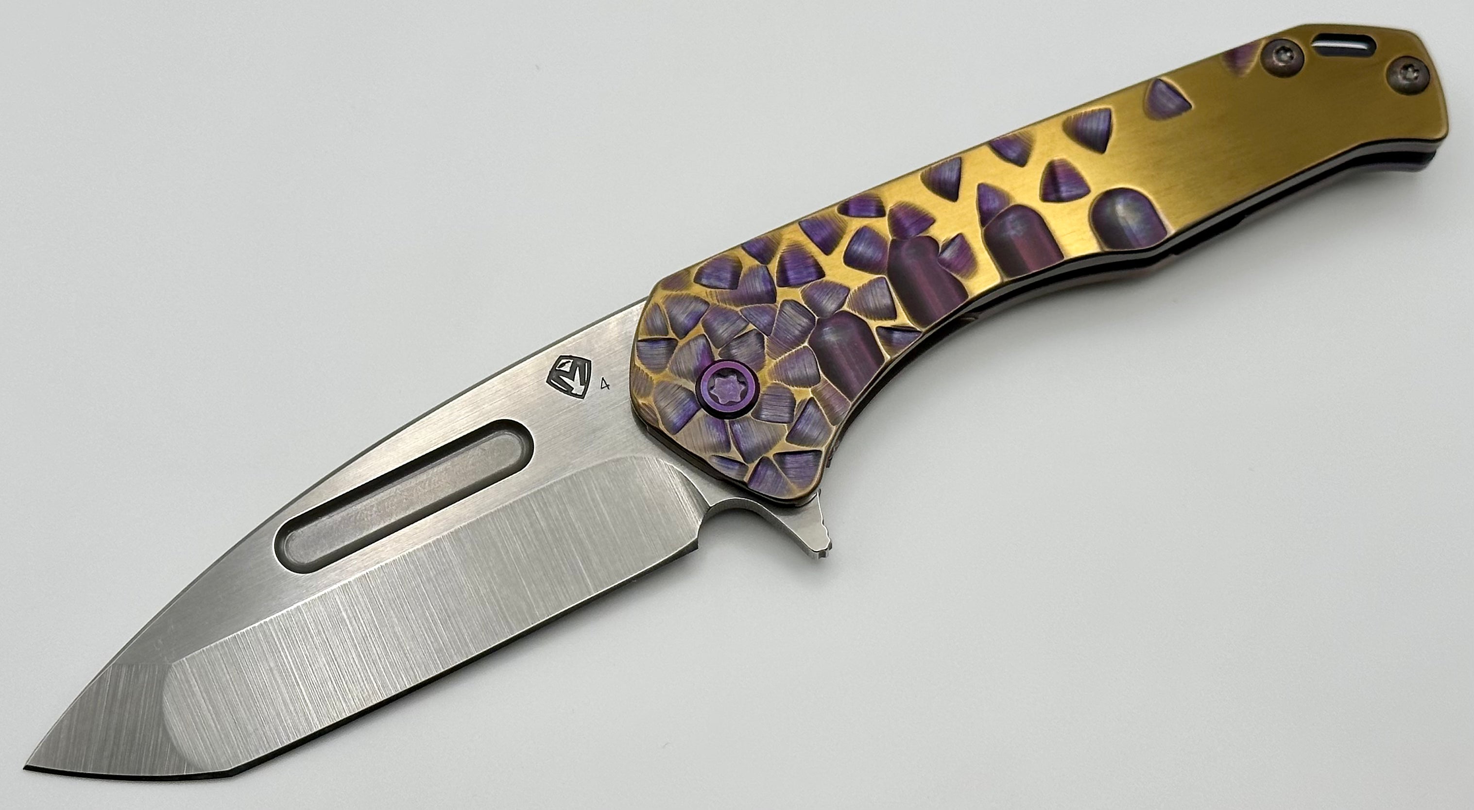 Medford Praetorian Slim Flipper S45VN Tumbled Tanto & Bronze/Violet Falling Leaf Sculpted Handles w/ Violet Hardware/Clip