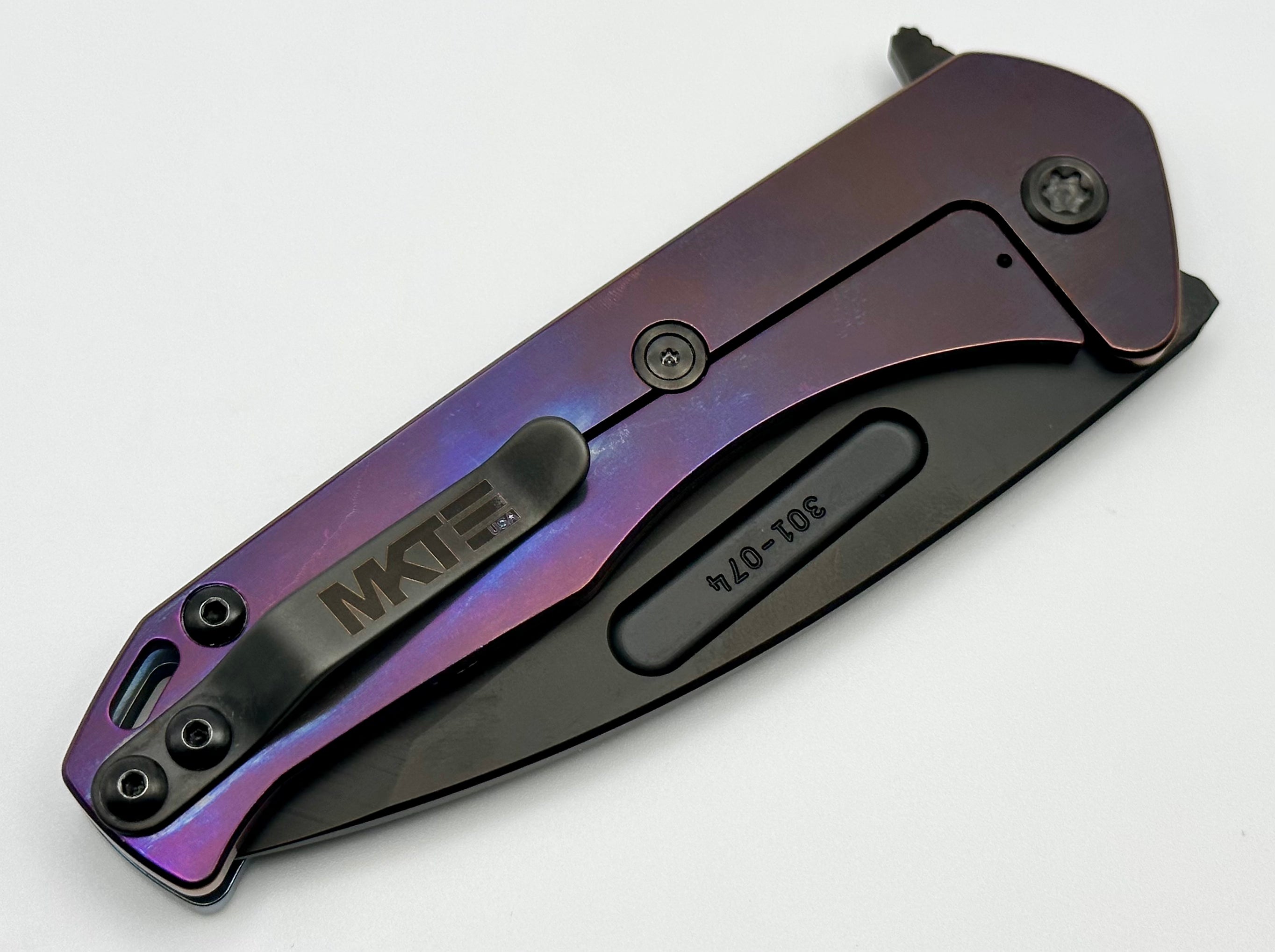 Medford Praetorian Slim Flipper S45VN PVD Tanto & Faced/Flamed Solar Flare Blue/Violet Handles w/ PVD Hardware/Clip