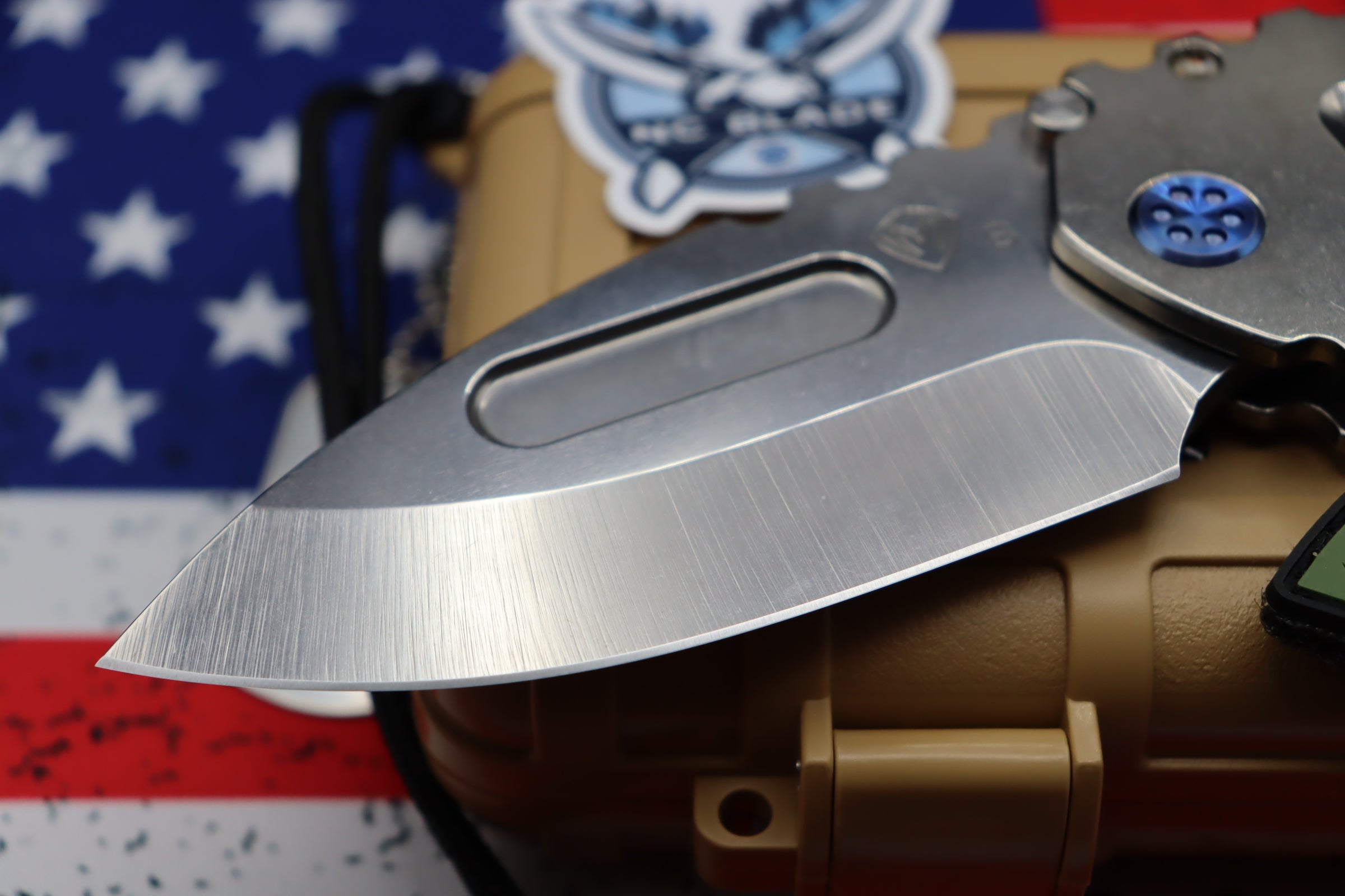 Medford Knife Praetorian T “We The People” Engraved & Blue Hardware with S35 Drop Point 106-047