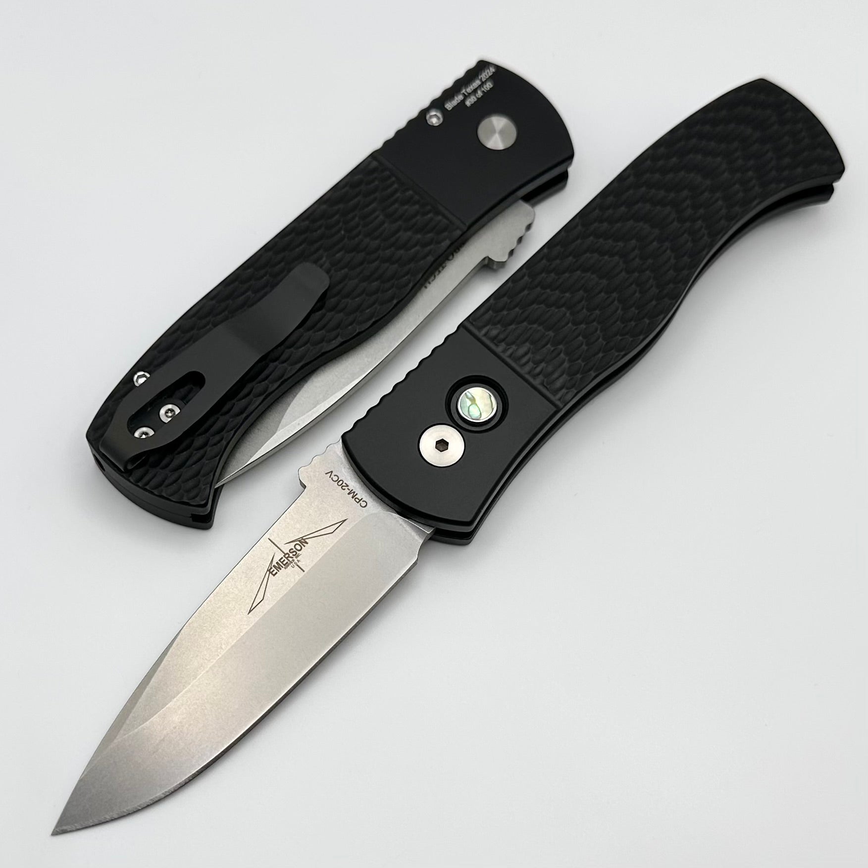 Pro-Tech Emerson CQC Auto Textured Black Handle w/ Abalone Button & Stonewash 20CV CQC-A Blade Show Texas 2024