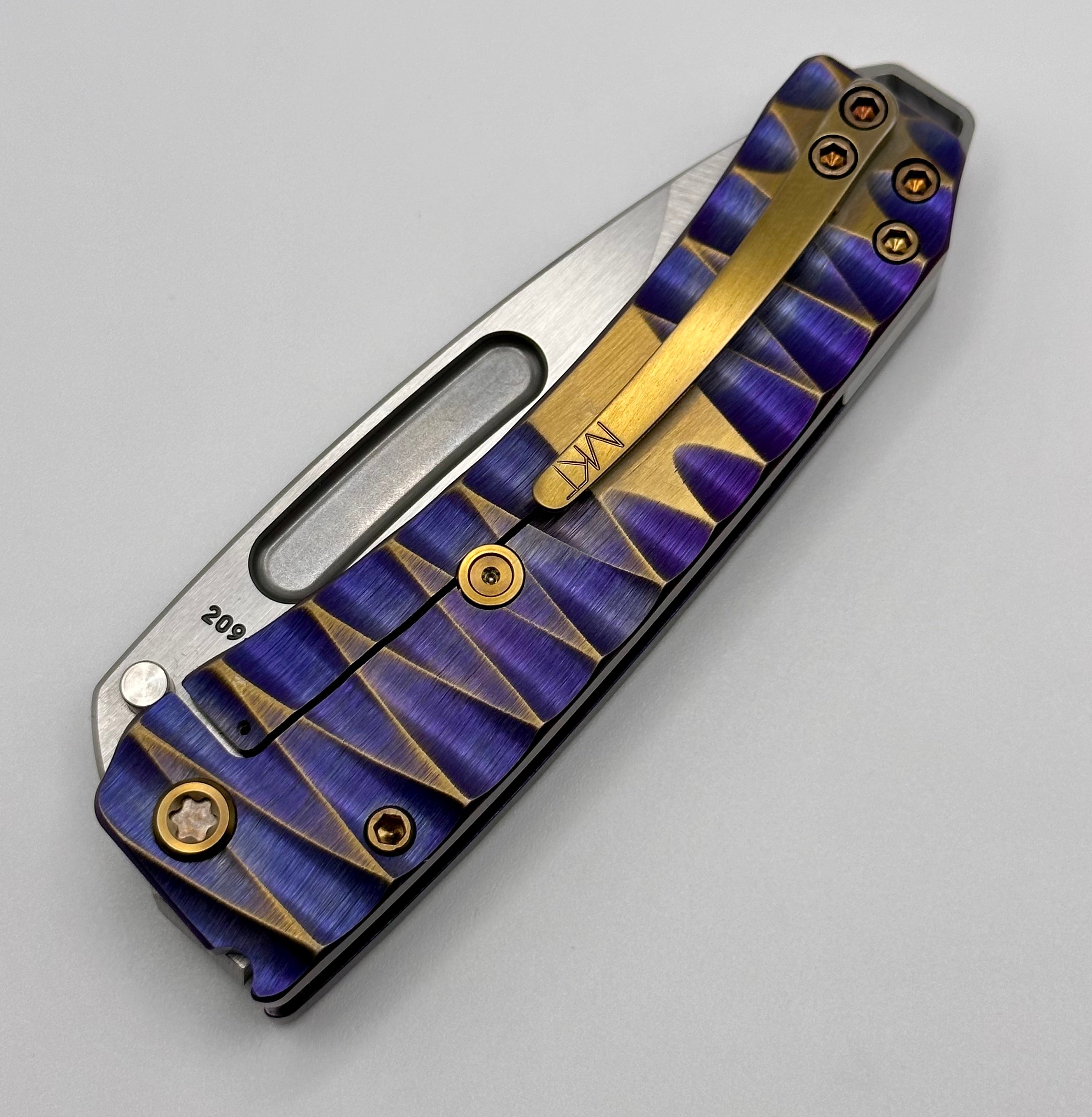 Medford Midi Marauder S45 Tumbled Drop Point & Violet/Bronze Lightning Sculpted Handles w/ Bronze Hardware/Clip