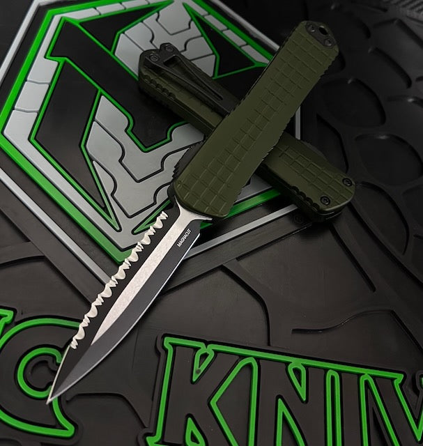 Heretic Knives Manticore E OD Green Grenade Grip w/ Two Tone Full Serrated D/E MagnaCut H028F-10C-GRN