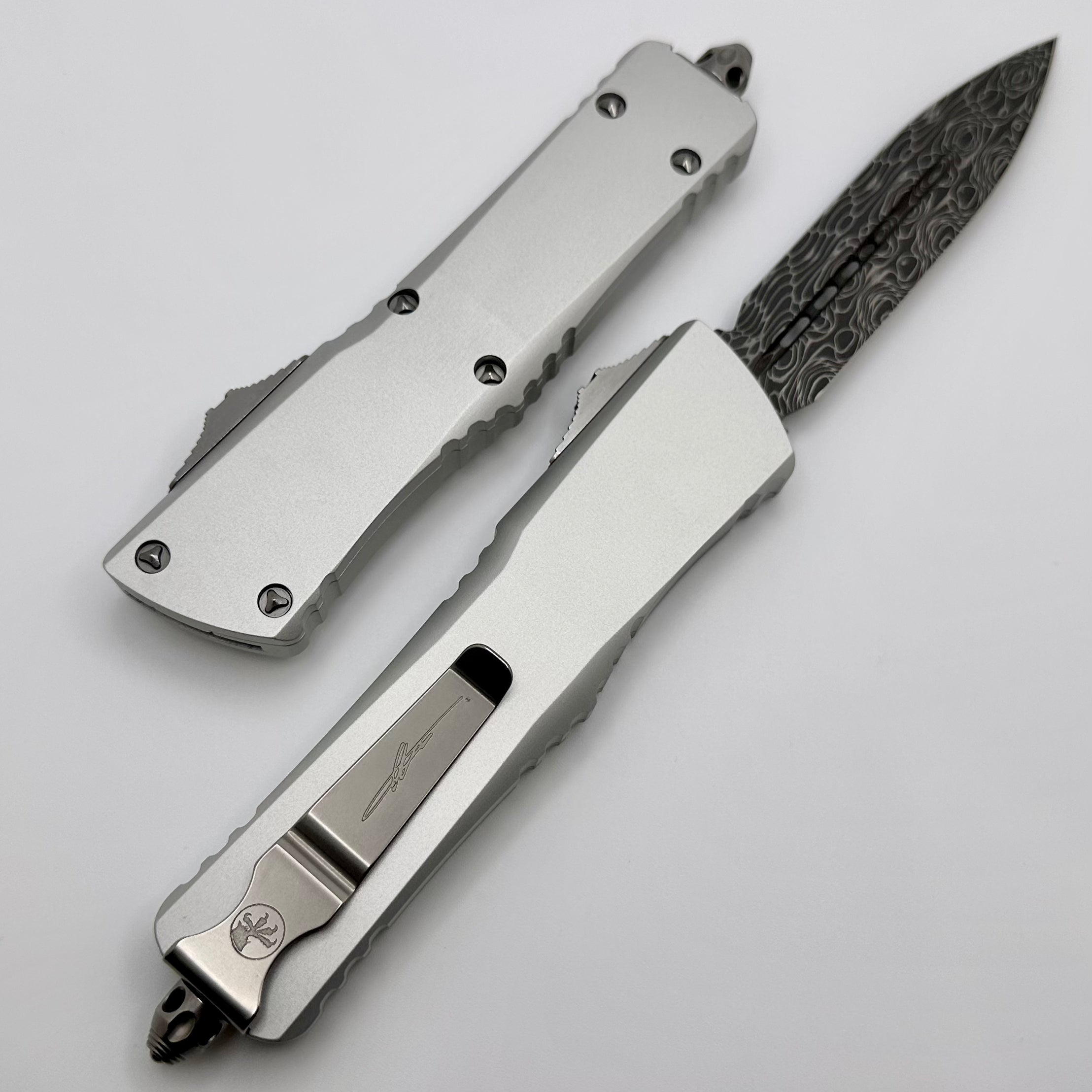 Microtech Combat Troodon Smooth Clear Handle w/ Damascus Double Edge & Low Polished Hardware Signature Series 142S-16LPCRS