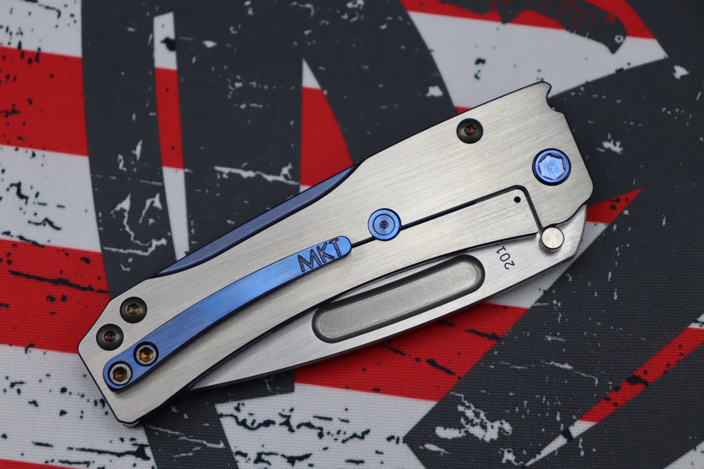 Medford Knife Slim Midi Tumbled Tanto S35 w/ Blue Faced/Silver Flats Handles & Blue Hardware/Clip