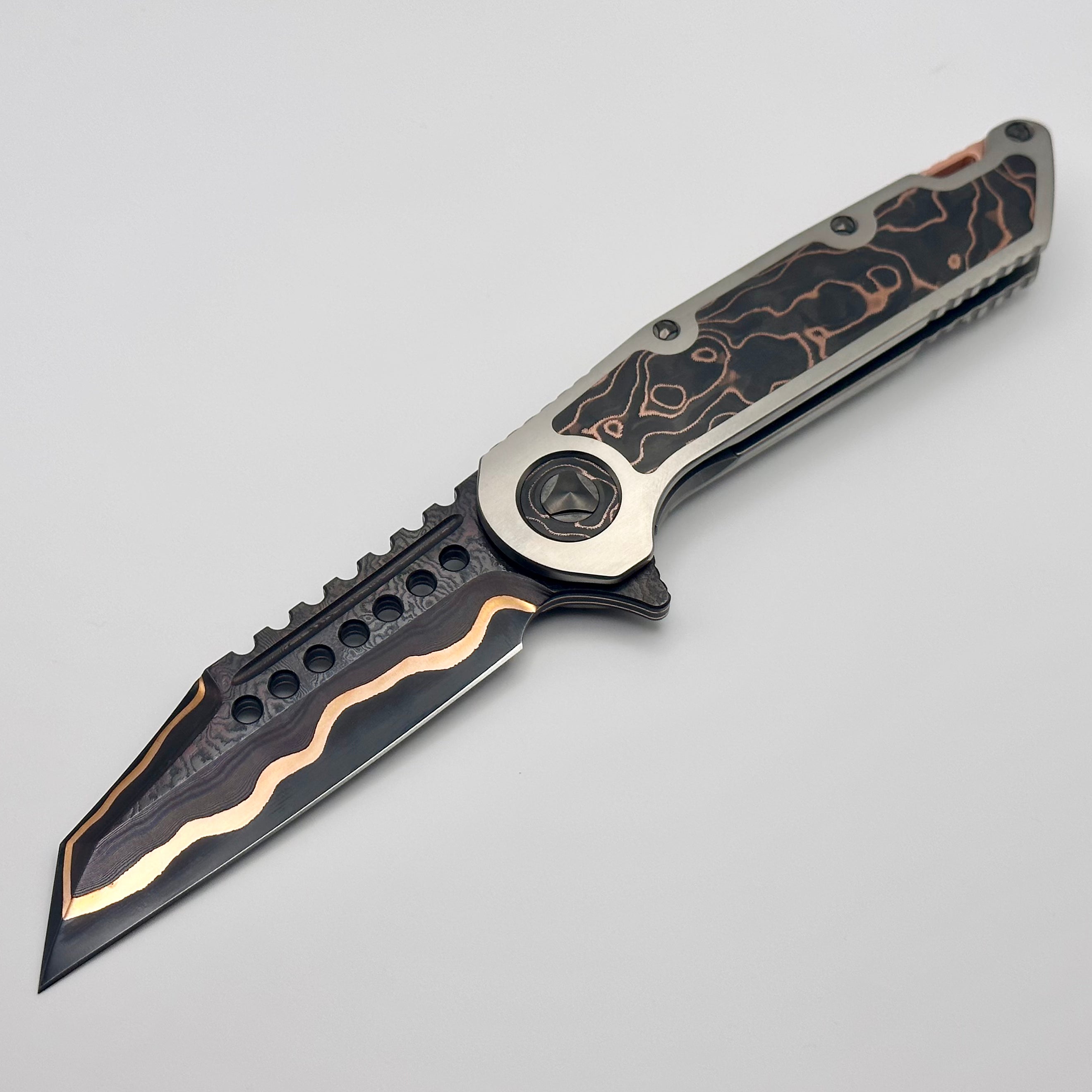 Marfione Custom Knives Warhound Sunset GoMai Baker Forge Damascus w/ Titanium & Protech Composites Copper CF Inlay