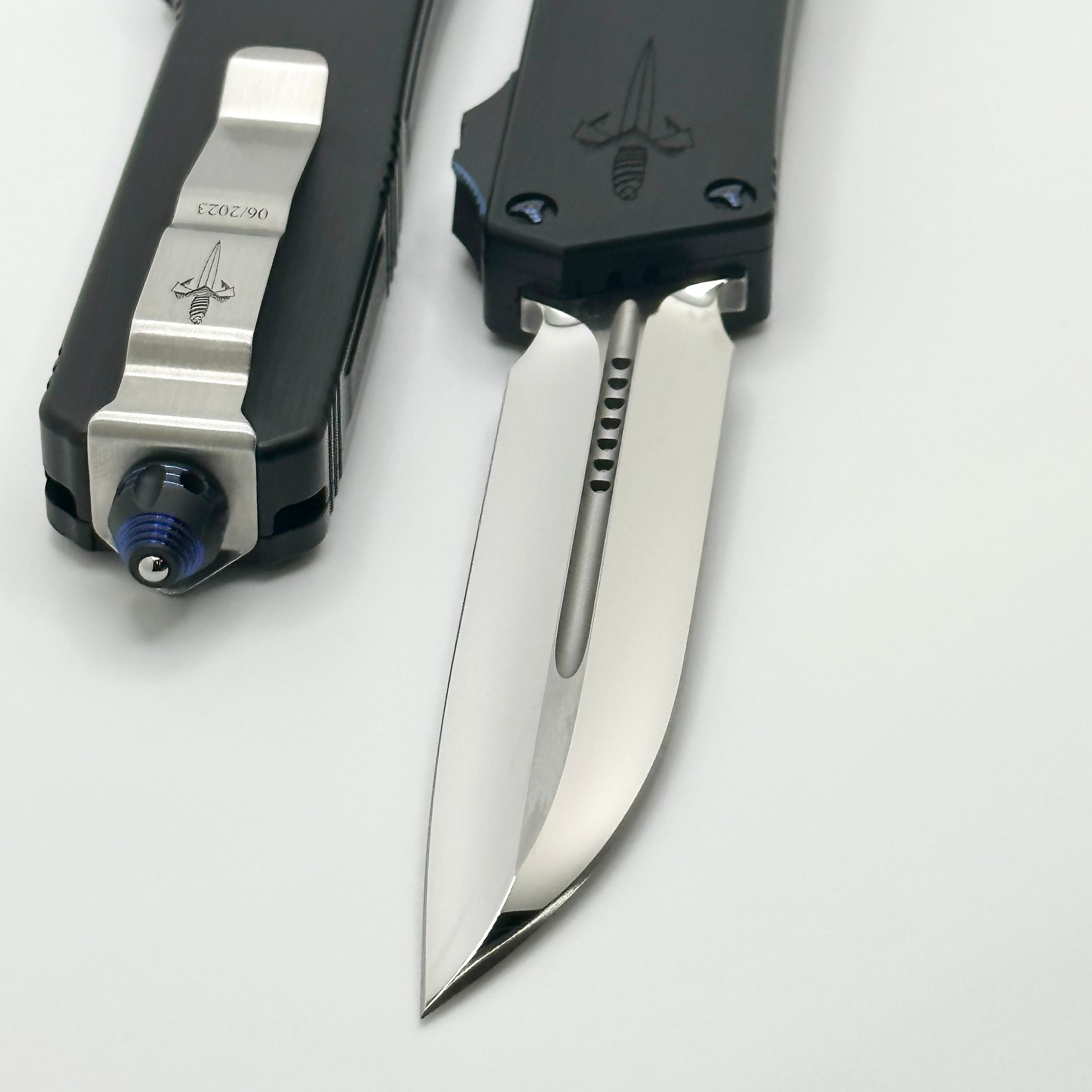 Marfione Custom Knives Scarab 2 DES Mirror Polish M390 w/ Hefted Black Handle & Blue Ringed Ti Hardware