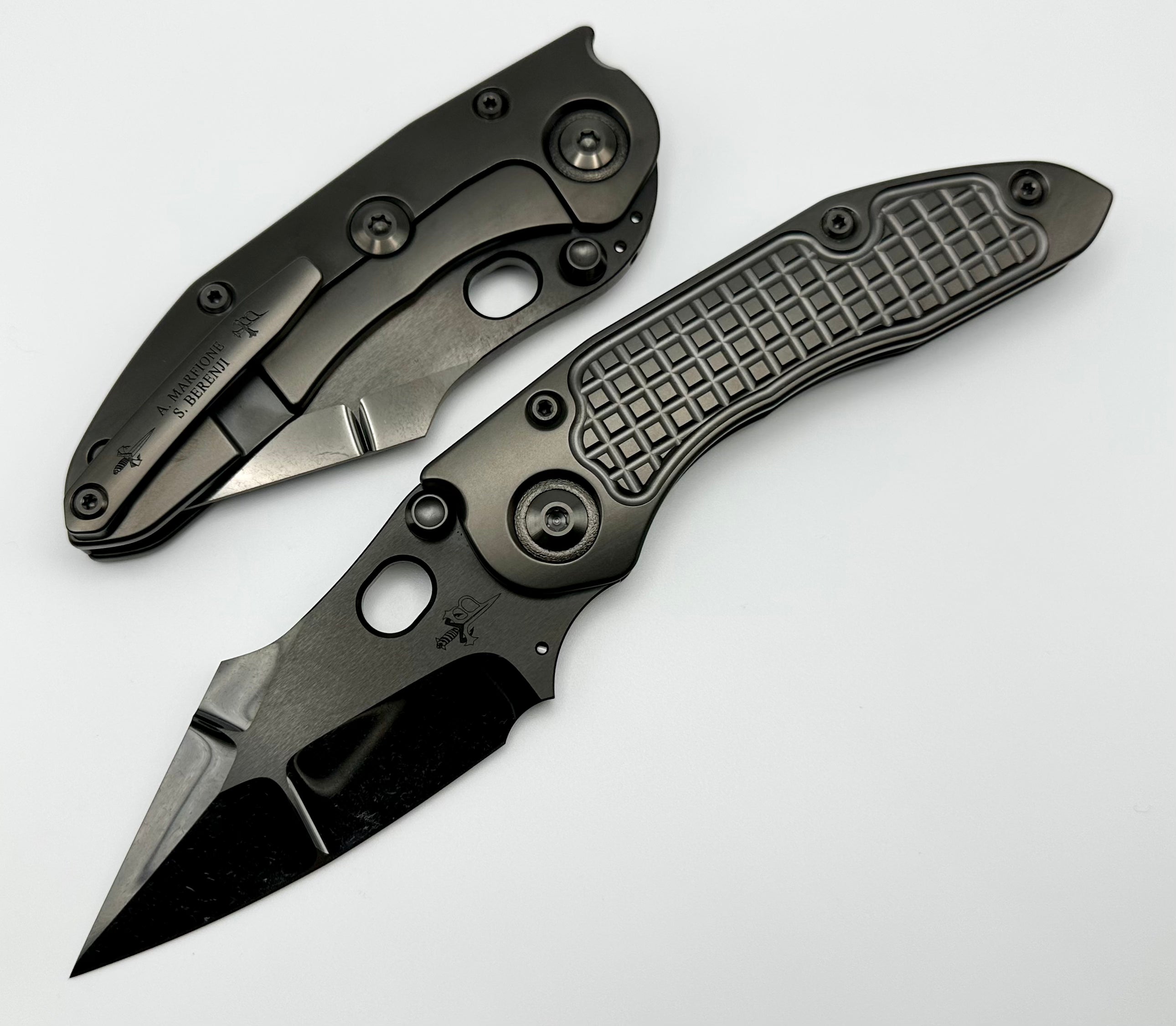 Marfione Custom Knives & Borka Blades Blackout Frag DLC w/ DLC Cracked Diamond Wash Double Star Grind M390