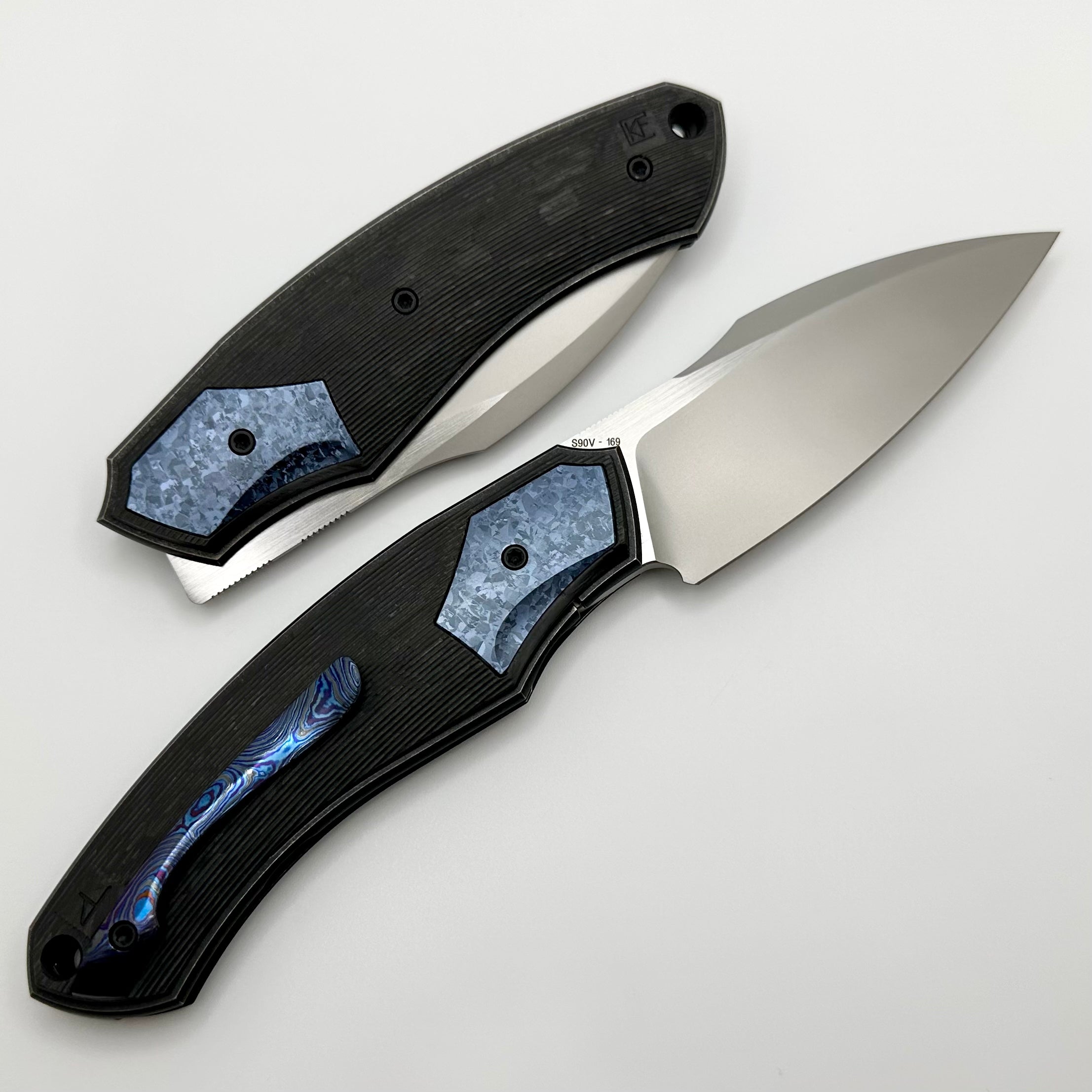 Custom Knife Factory Davless Carbon Fiber & Blue Crystal Ti w/ CKF Wash S90V