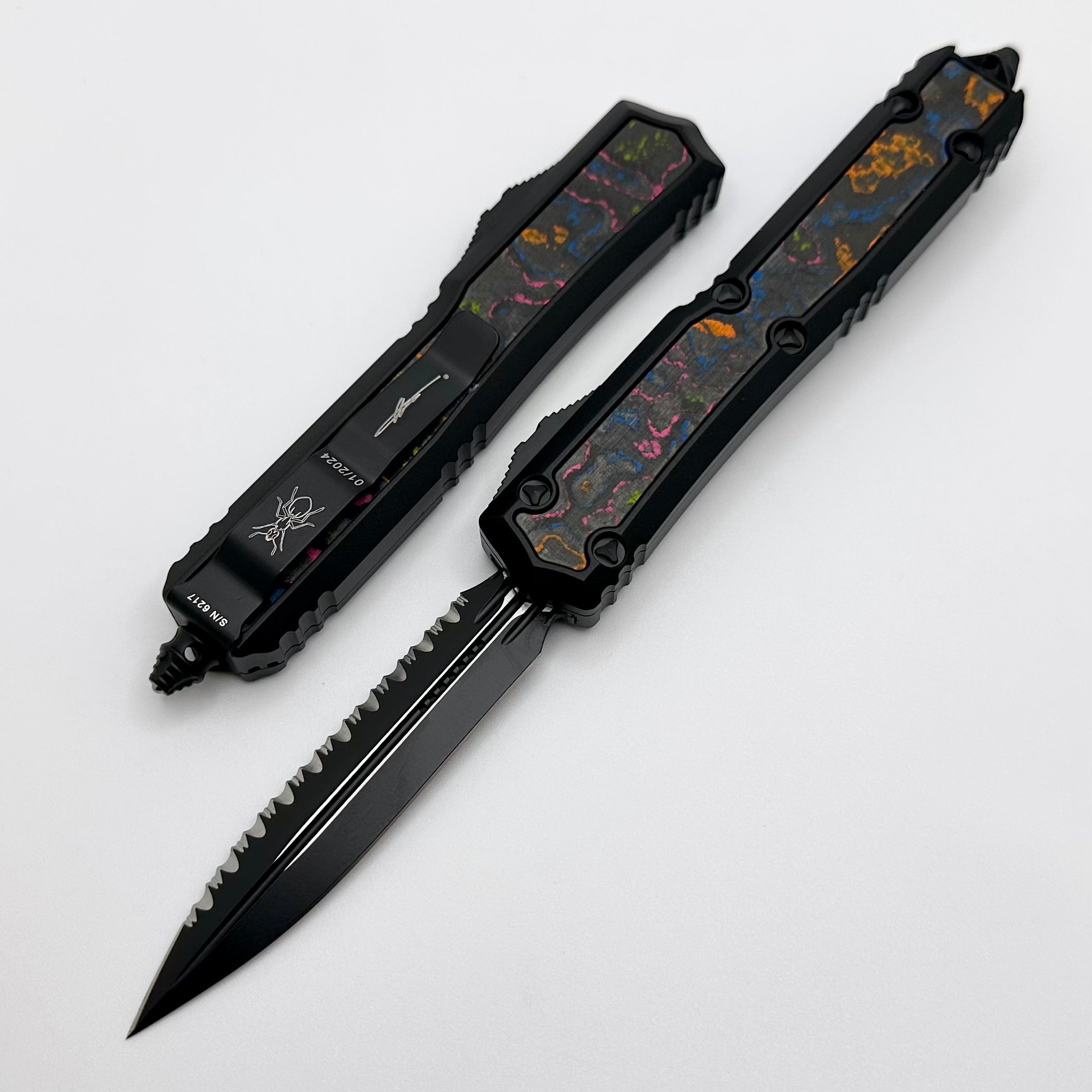 Microtech Makora Double Edge Full Serrated Tactical 80's Camo Carbon Inlay Nickel Boron Internals Signature Series 206-3T80CCIS ONE PER HOUSEHOLD