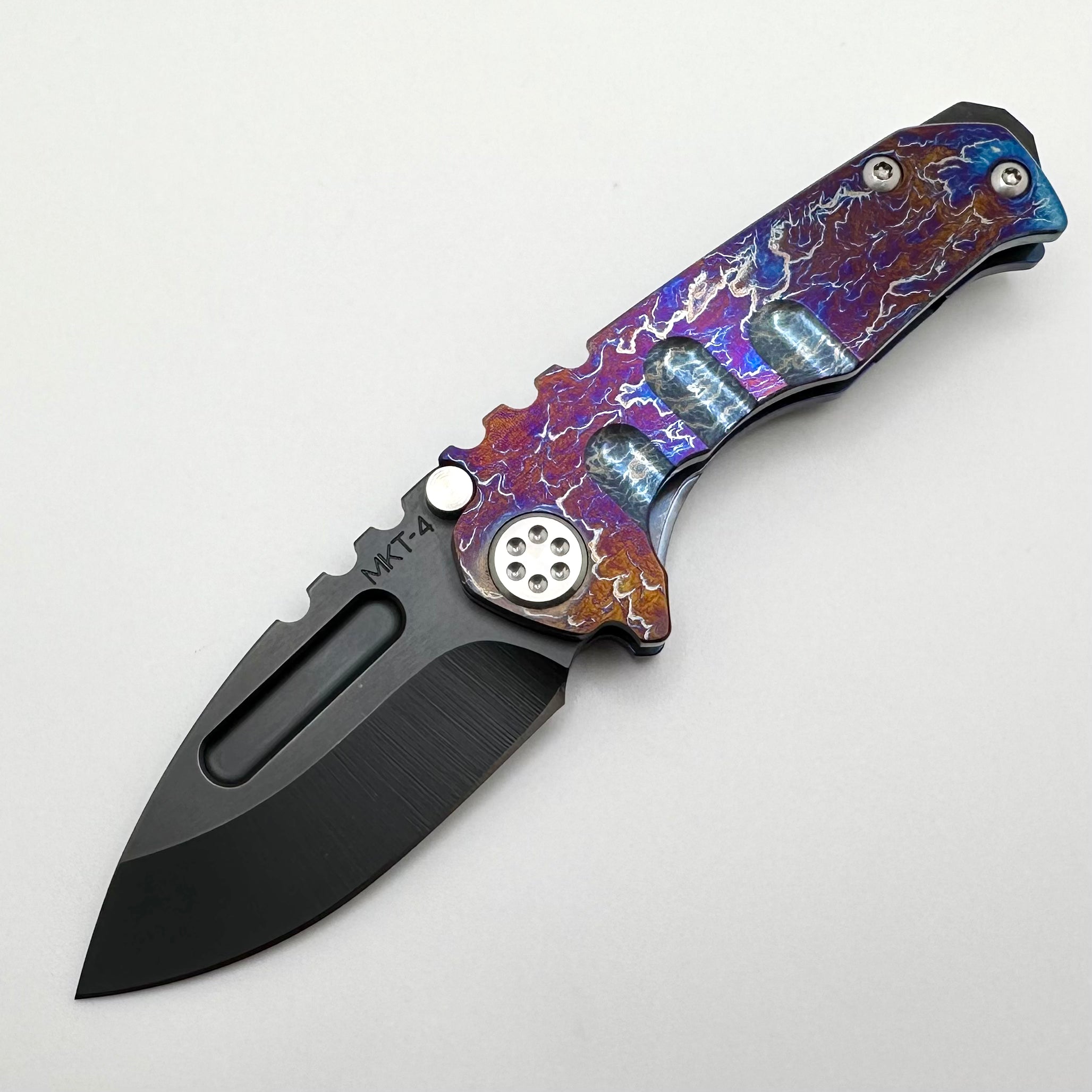 Medford Micro Praetorian T w/ DLC S45 Drop Point & Blue/Flamed Finish Handles Pattern #2