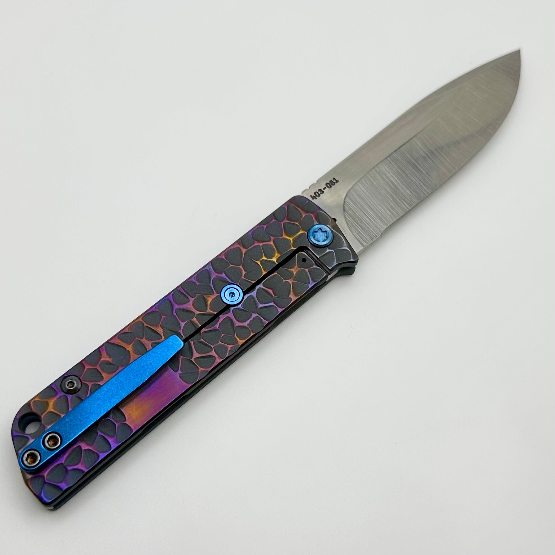 Medford Antik Front Flipper Tumbled S45 Drop Point & Bead Blast Blue Peaks & Valleys Titanium Handles w/ Blue Hardware