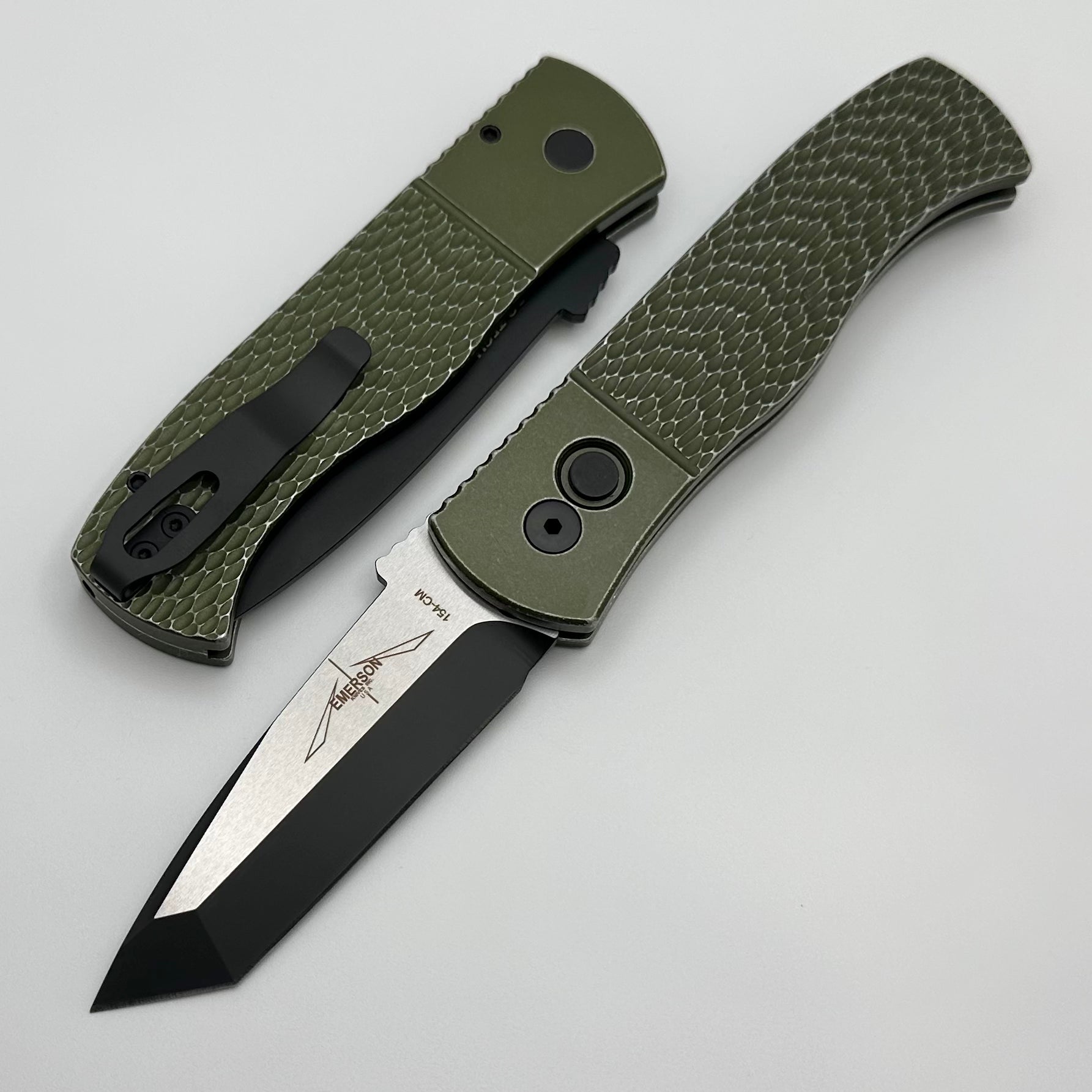 Pro-Tech Emerson CQC7 Auto Tanto w/ Battle Worn Jigged Green Handle & 2-Tone DLC/Satin 154CM E7T15-BW Green